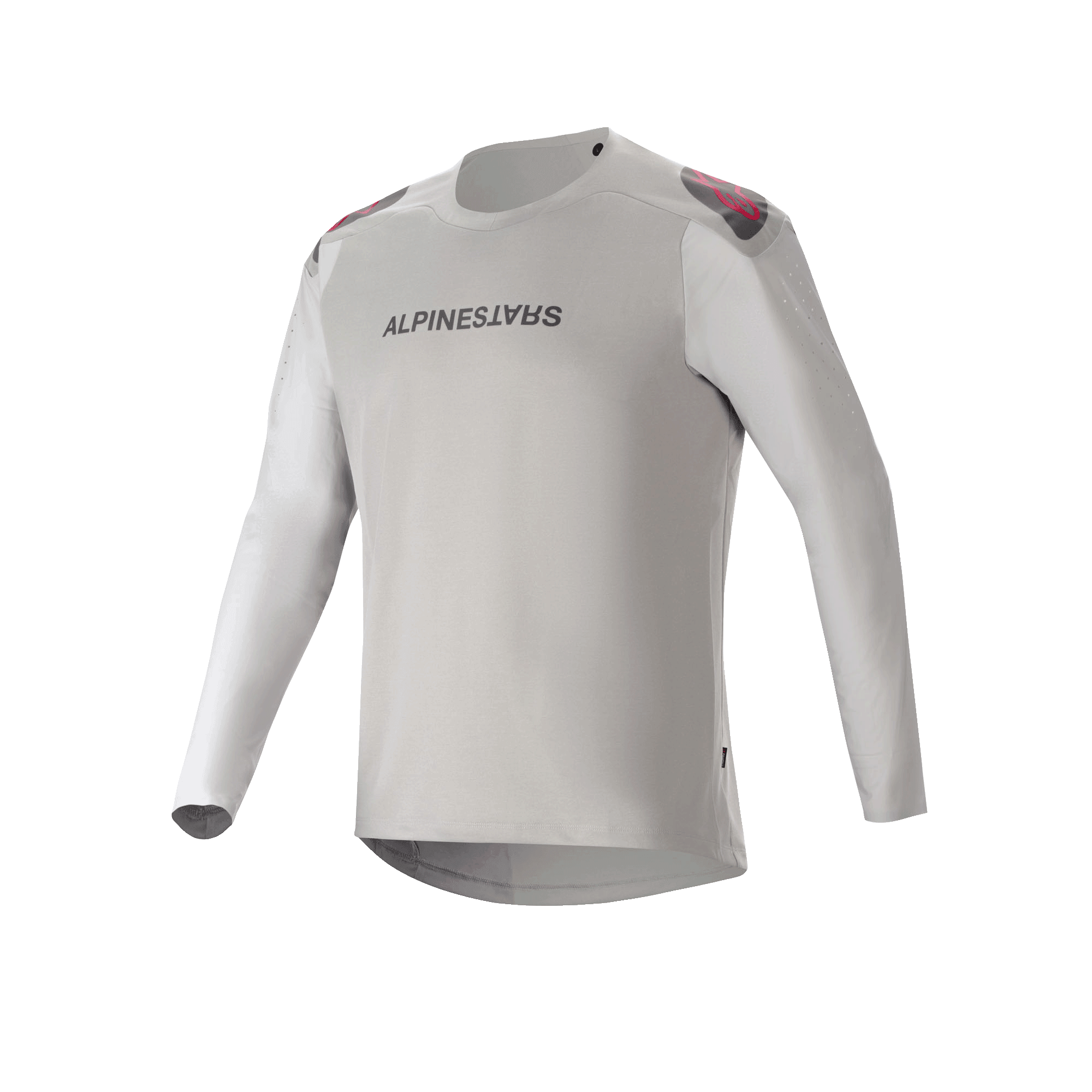 Alpinestars A-Aria Polartec Switch Jersey - Long Sleeve, maglia da mountain bike grigio chiaro con logo nero sul petto, dettagli rossi e neri sulle spalle e maniche traforate al laser per la ventilazione