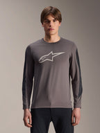 Alpinestars Maglia A-Dura Insert Astar, maglia MTB a maniche lunghe, grigio scuro con logo Astar grigio chiaro, dotata di pannelli rinforzati grigio scuro sulle maniche, girocollo, abbigliamento tecnico da mountain bike
