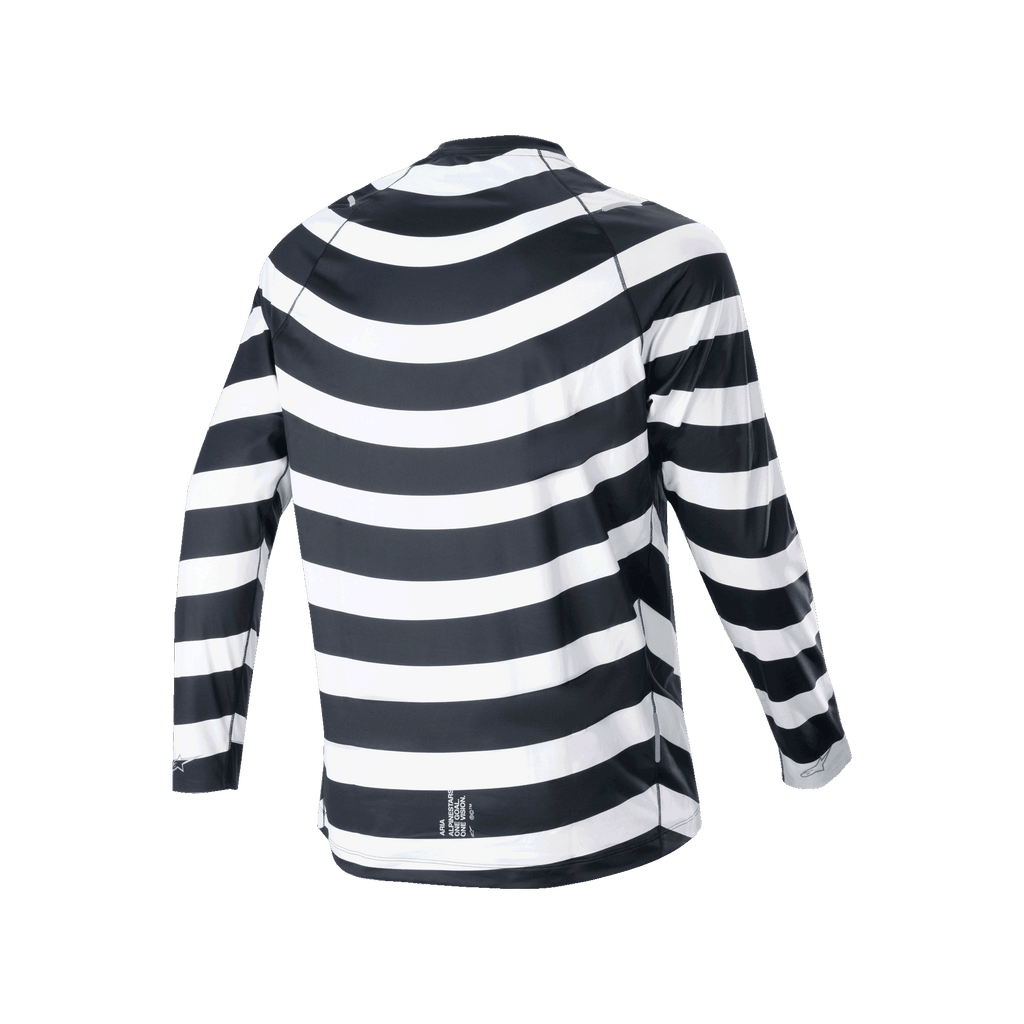 Maglia Alpinestars A-Aria Oscar a maniche lunghe, nero e bianco, vista posteriore con grafica a spirale vintage, maglia da ciclismo con vestibilità performante e coda più lunga per trail MTB