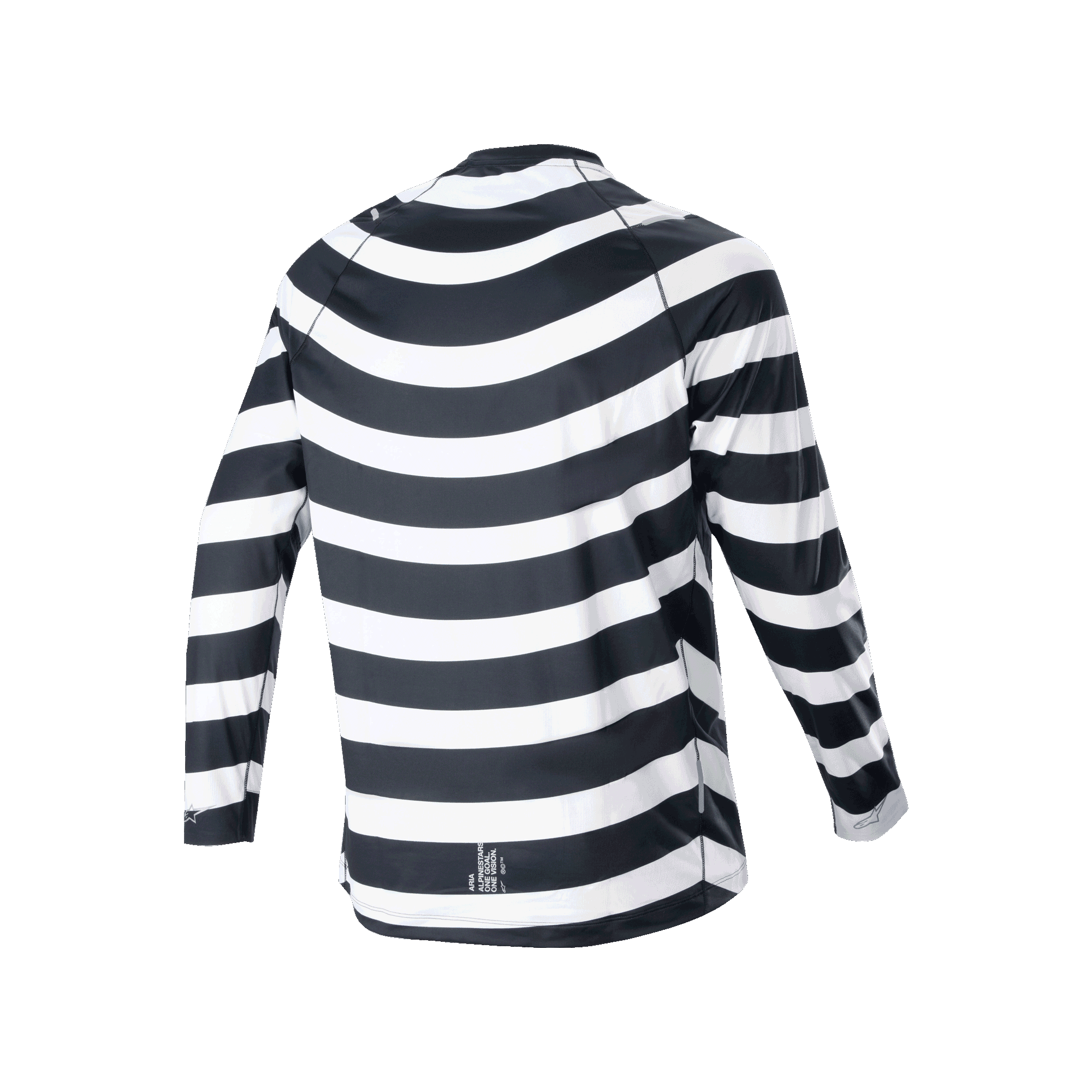 Maglia Alpinestars A-Aria Oscar a maniche lunghe, nero e bianco, vista posteriore con grafica a spirale vintage, maglia da ciclismo con vestibilità performante e coda più lunga per trail MTB