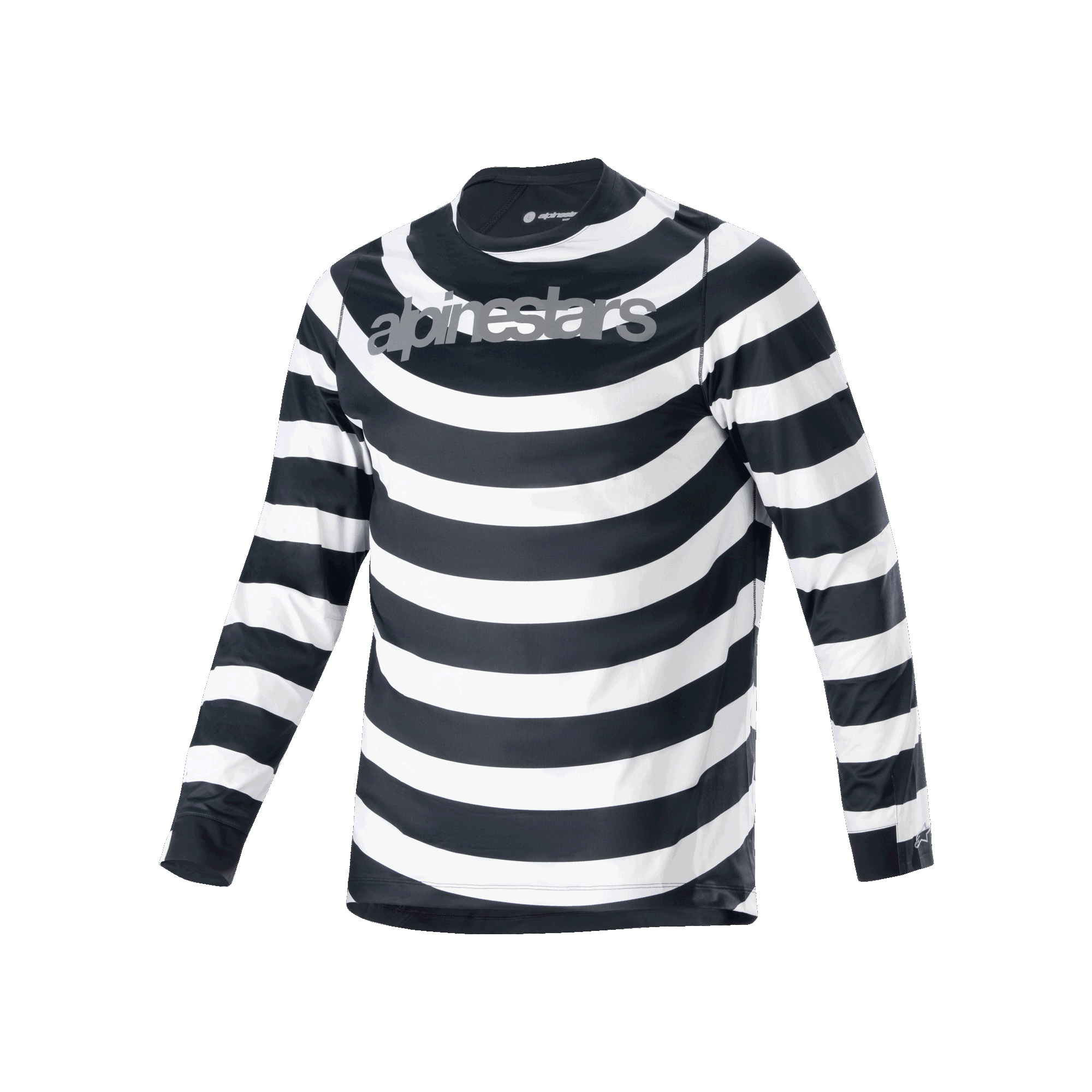 Alpinestars maglia A-Aria Oscar, maglia MTB a maniche lunghe, strisce orizzontali a spirale bianche e nere, logo Alpinestars grigio sul petto, abbigliamento da ciclismo performante leggero e traspirante