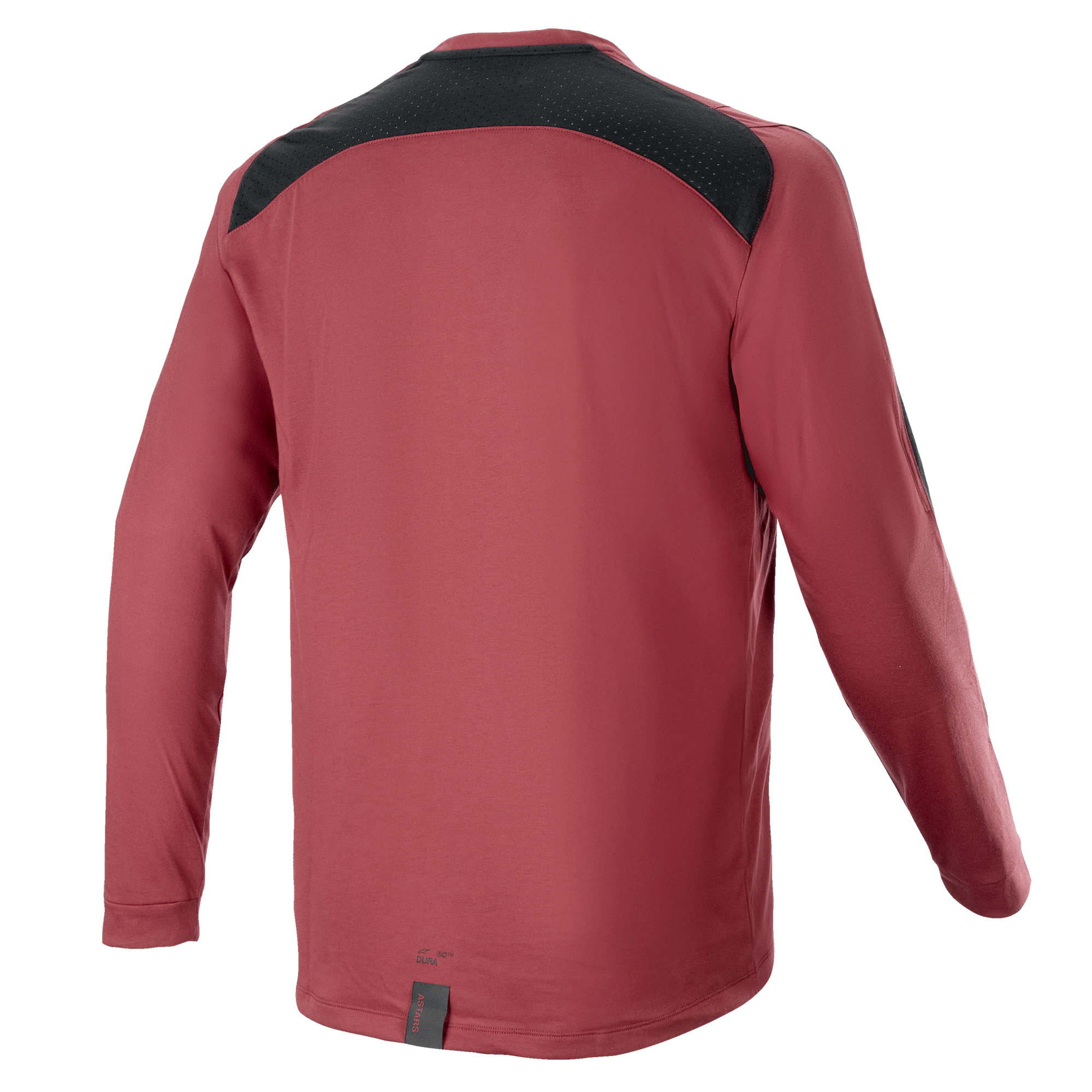 Alpinestars A-Dura Dri Astar Long Sleeve Jersey, bordeaux, maglia da mountain bike, vista posteriore con pannello di ventilazione in mesh nero sulle spalle, maniche lunghe, tessuto tecnico per ciclismo off-road
