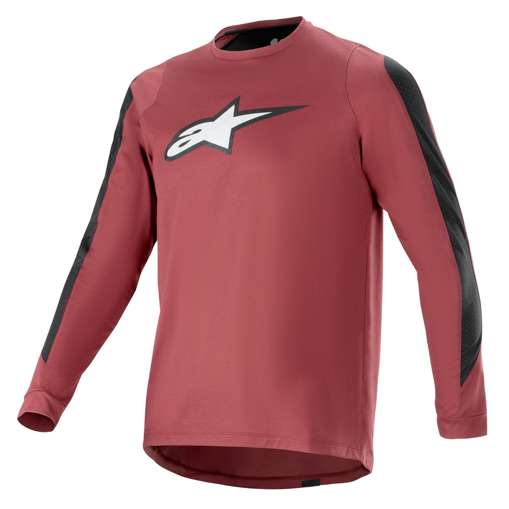 Alpinestars A-Dura Dri Astar Jersey a maniche lunghe, bordeaux e nero, tessuto drirelease traspirante, girocollo, logo Astar bianco sul petto, pannelli in mesh neri sulle maniche, abbigliamento tecnico da mountain bike