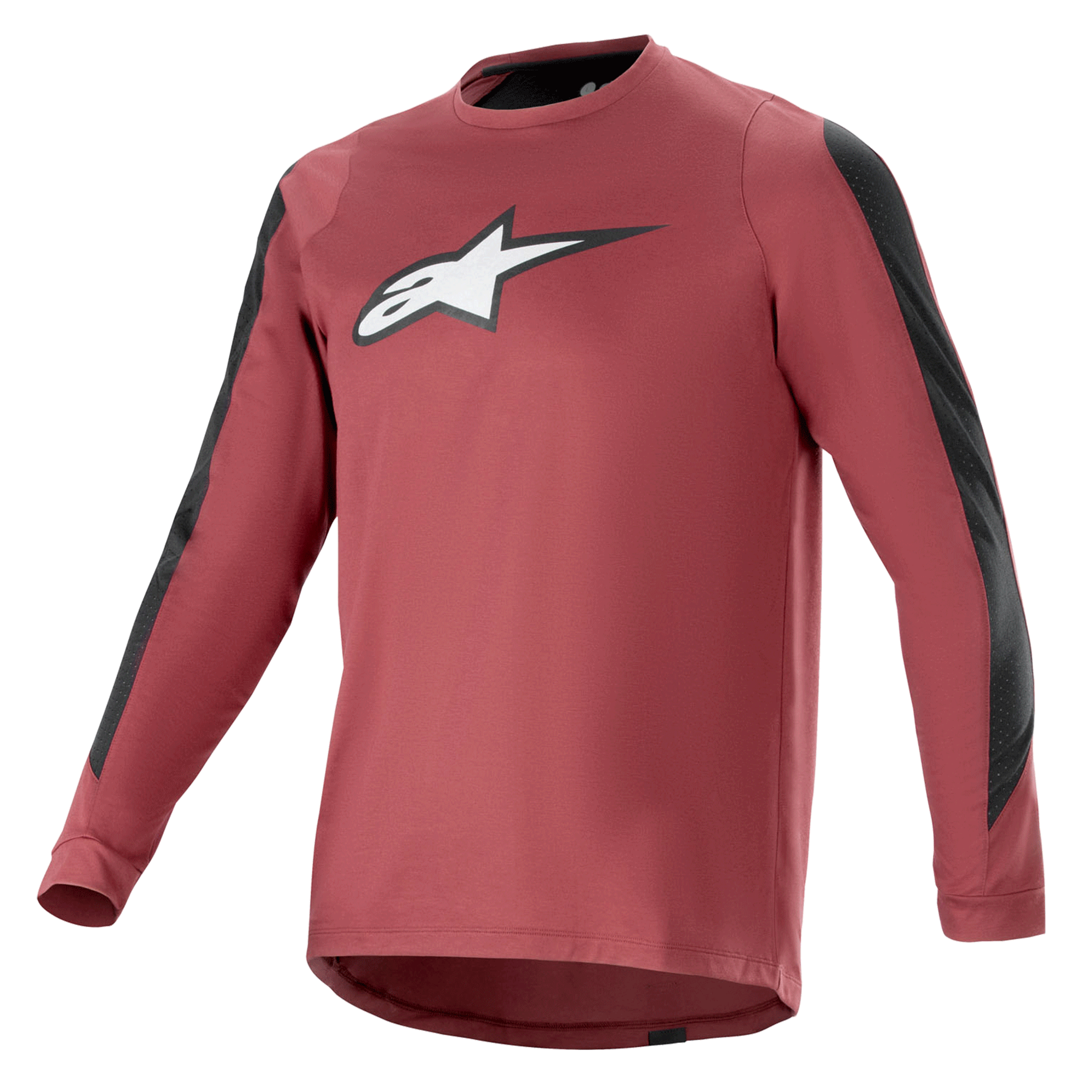 Alpinestars A-Dura Dri Astar Jersey a maniche lunghe, bordeaux e nero, tessuto drirelease traspirante, girocollo, logo Astar bianco sul petto, pannelli in mesh neri sulle maniche, abbigliamento tecnico da mountain bike