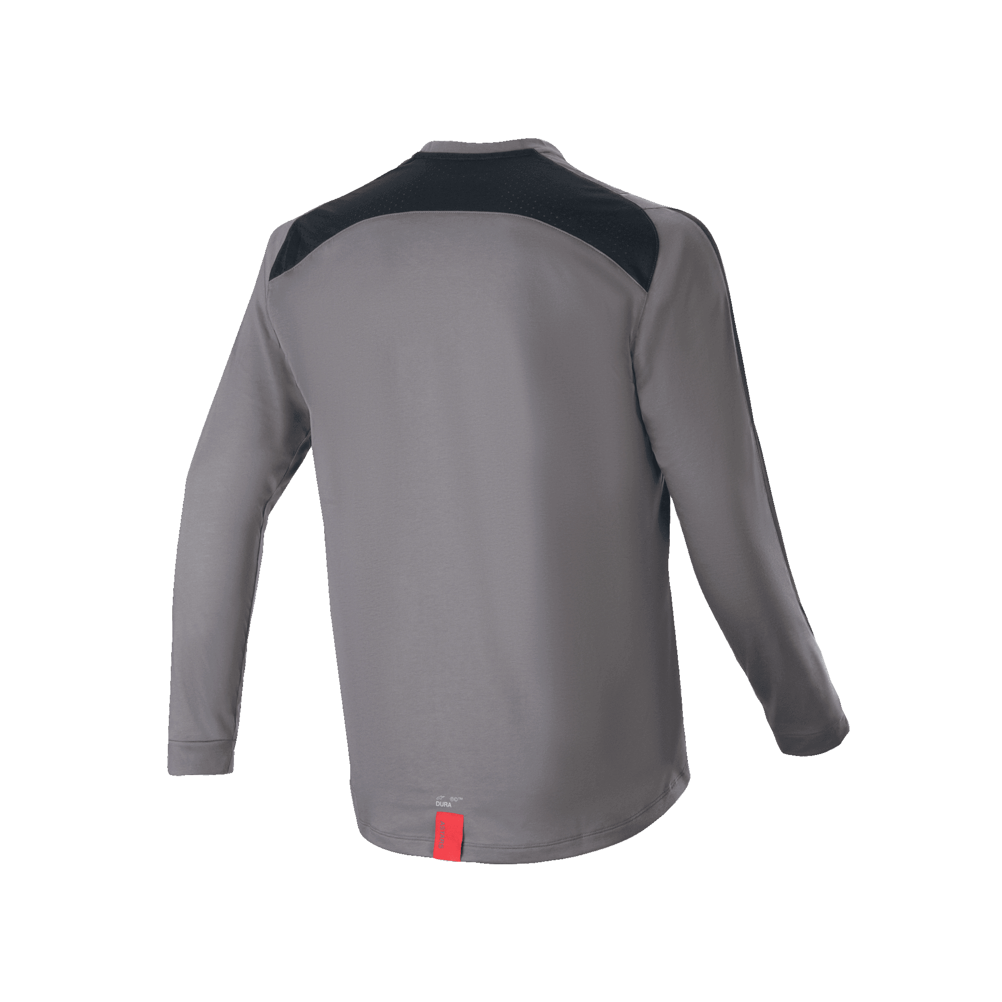 Maglia Alpinestars A-Dura Dri Astar a maniche lunghe, grigio scuro, vista posteriore con pannelli di ventilazione in mesh nero sulle spalle e piccola etichetta rossa sull'orlo, abbigliamento tecnico da mountain bike