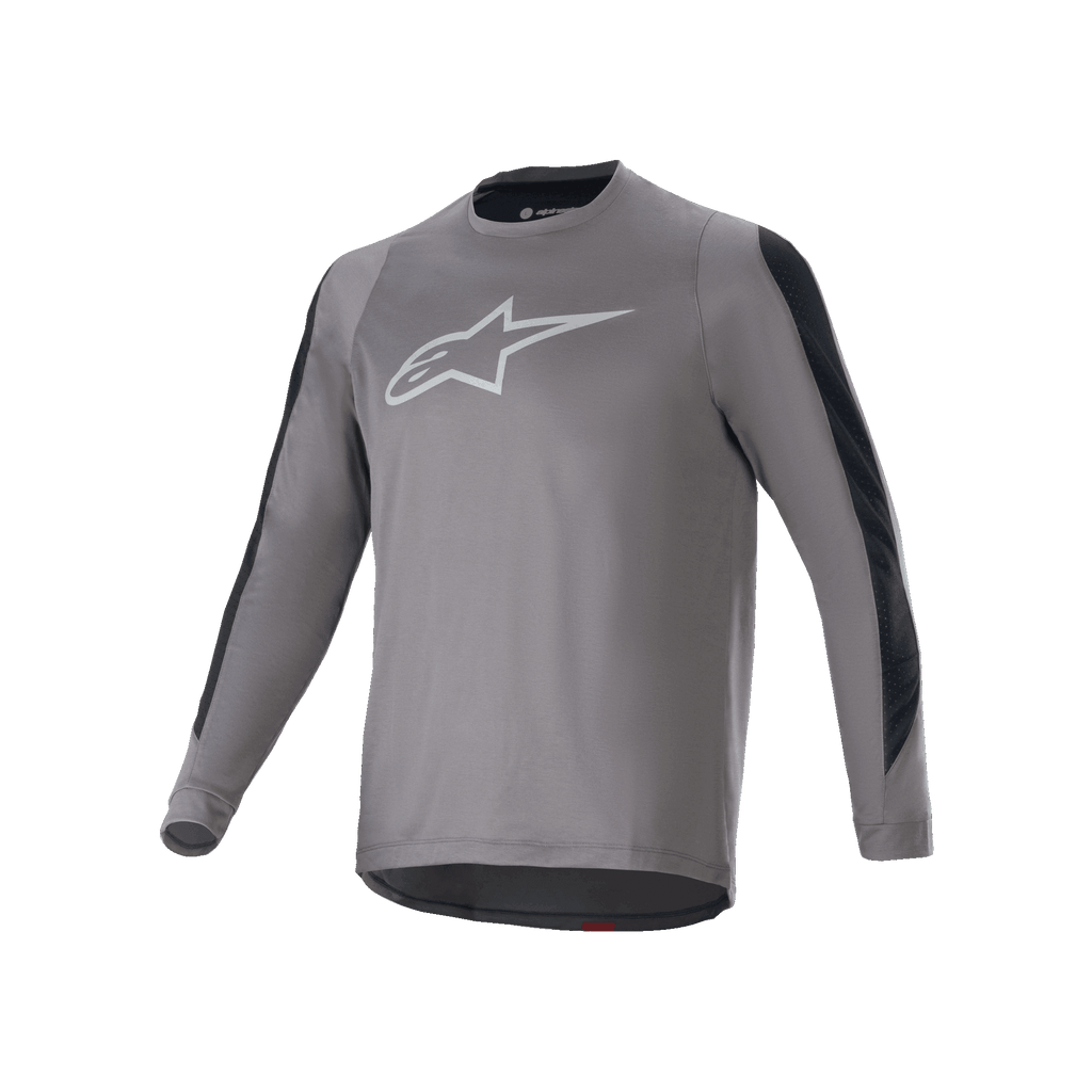Alpinestars A-Dura Dri Astar Long Sleeve Jersey, maglia da ciclismo a maniche lunghe, grigio scuro con logo Astars bianco sul petto, pannelli di ventilazione in mesh nero sulle maniche, abbigliamento tecnico per MTB
