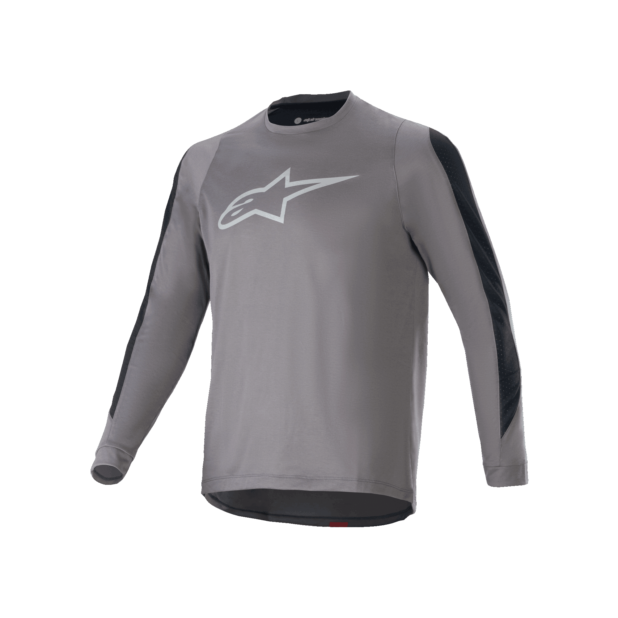 Alpinestars A-Dura Dri Astar Long Sleeve Jersey, maglia da ciclismo a maniche lunghe, grigio scuro con logo Astars bianco sul petto, pannelli di ventilazione in mesh nero sulle maniche, abbigliamento tecnico per MTB