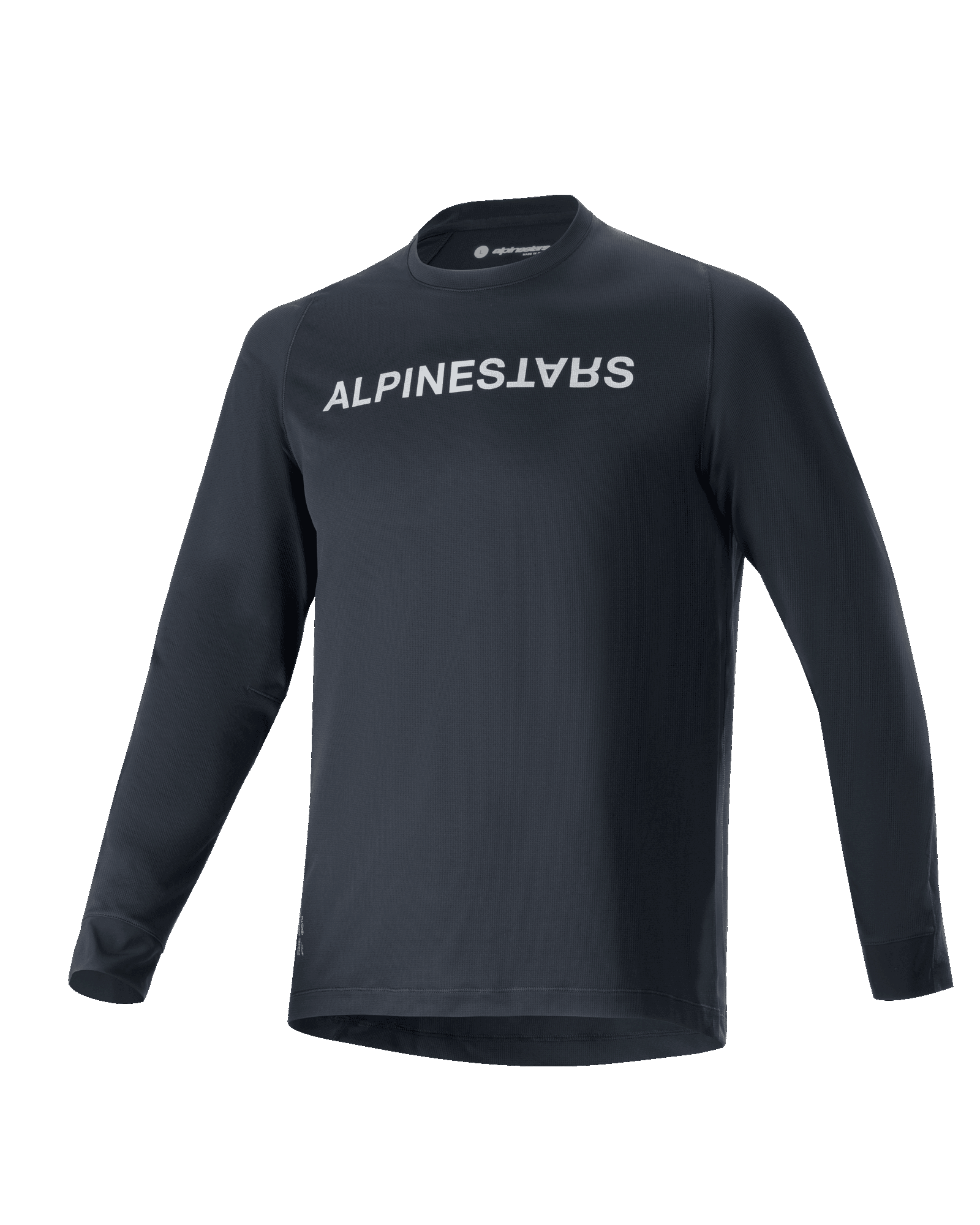 Alpinestars A-Aria Switch Long Sleeve Jersey, maglia da ciclismo MTB, nero, vistoso logo Alpinestars bianco sul petto, girocollo, tessuto leggero e traspirante, vestibilità performante per la guida fuoristrada