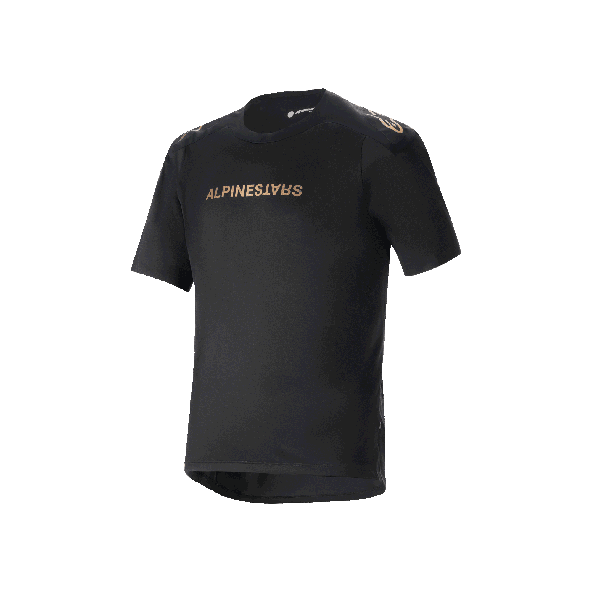 Alpinestars Maglia A-Aria Polartec Switch a maniche corte, maglia da mountain bike nera, marchio Alpinestars color bronzo su petto e spalle, tessuto tecnico traspirante, vestibilità performante con coda più lunga