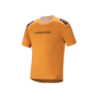 Maglia Alpinestars A-Aria Polartec Switch a maniche corte, Dark Gold, scritta Alpinestars nera sul petto, loghi sulle spalle, abbigliamento tecnico da mountain bike con design a coda allungata