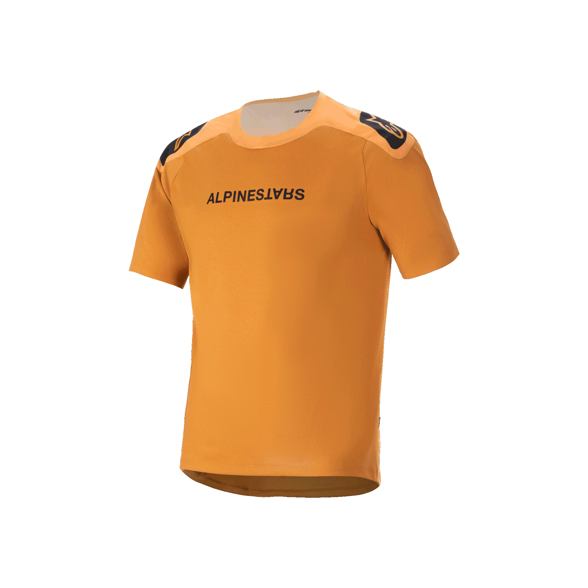 Maglia Alpinestars A-Aria Polartec Switch a maniche corte, Dark Gold, scritta Alpinestars nera sul petto, loghi sulle spalle, abbigliamento tecnico da mountain bike con design a coda allungata