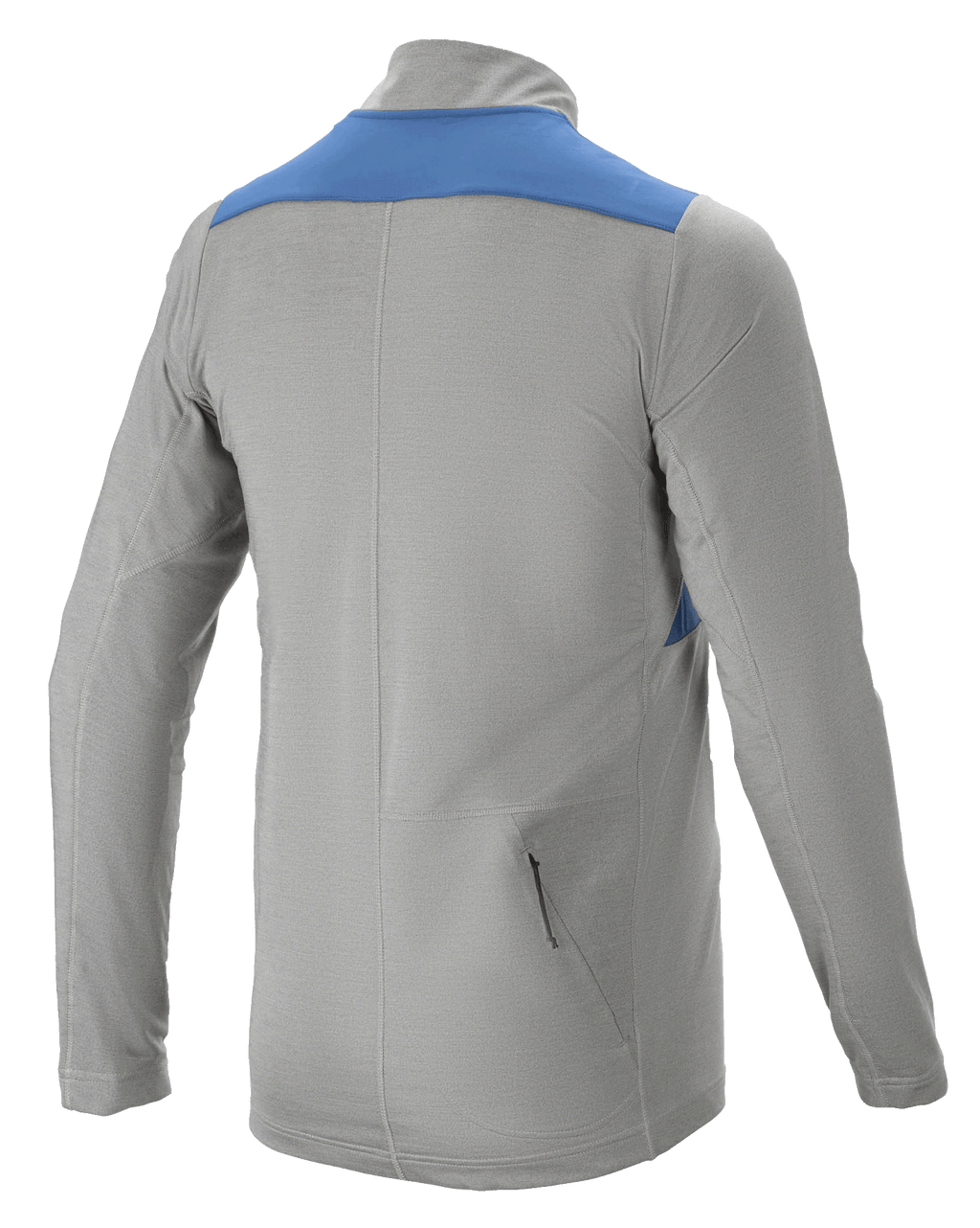 Alpinestars Nevada Long Sleeve Jersey, back view, Melange Gray with Mid Blue shoulder panel, featuring a zippered rear pocket and elongated drop tail, mountain bike performance wear