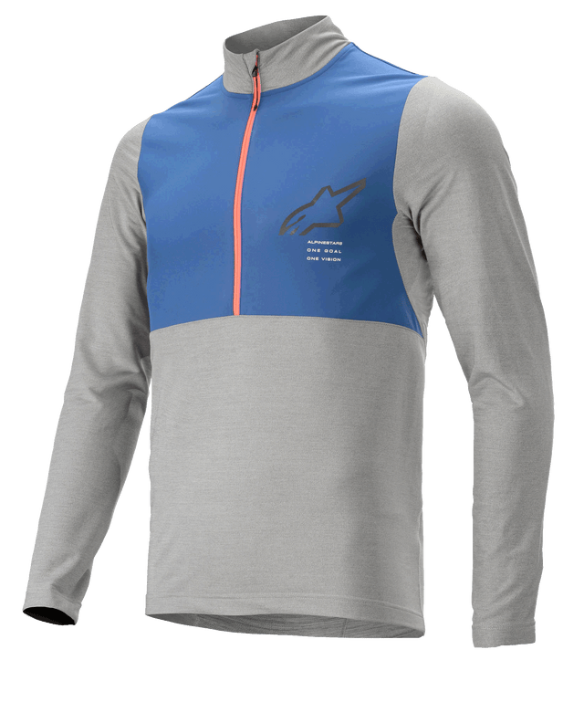 Alpinestars Nevada Jersey - Long Sleeve, Melange Gray and Mid Blue, half-zip chest panel with coral orange zipper, featuring black Alpinestars logo and 'One Goal One Vision' text, lightweight MTB cycling apparel