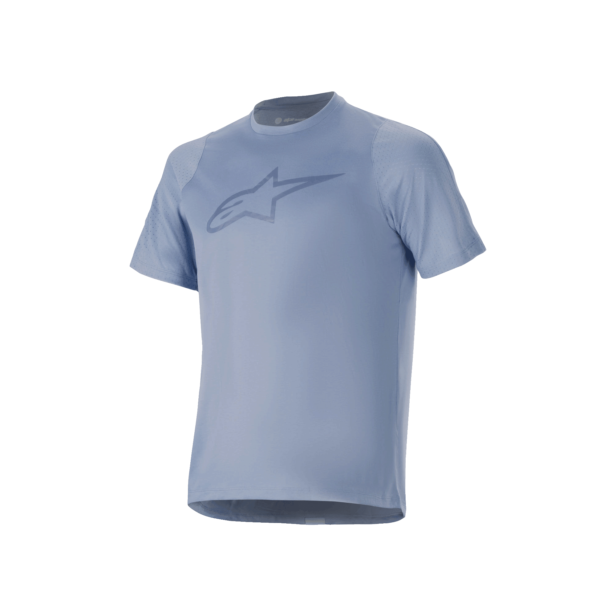 Maglia Alpinestars A-Dura Dri Astar a maniche corte, Infinity Blue, con grande logo sul petto, pannelli in mesh traspirante sulle maniche e tessuto drirelease, progettata per prestazioni in mountain bike