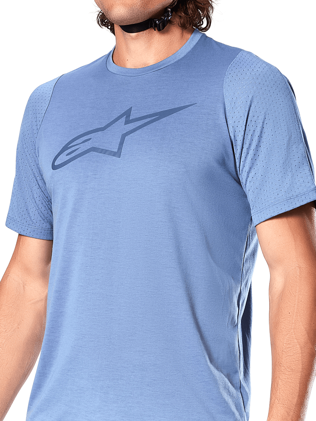 Maglia a maniche corte Alpinestars A-Dura Dri Astar, Infinity Blue, con logo Alpinestars Astar blu scuro sul petto, pannelli in mesh traspirante sulle maniche, abbigliamento tecnico da ciclismo MTB