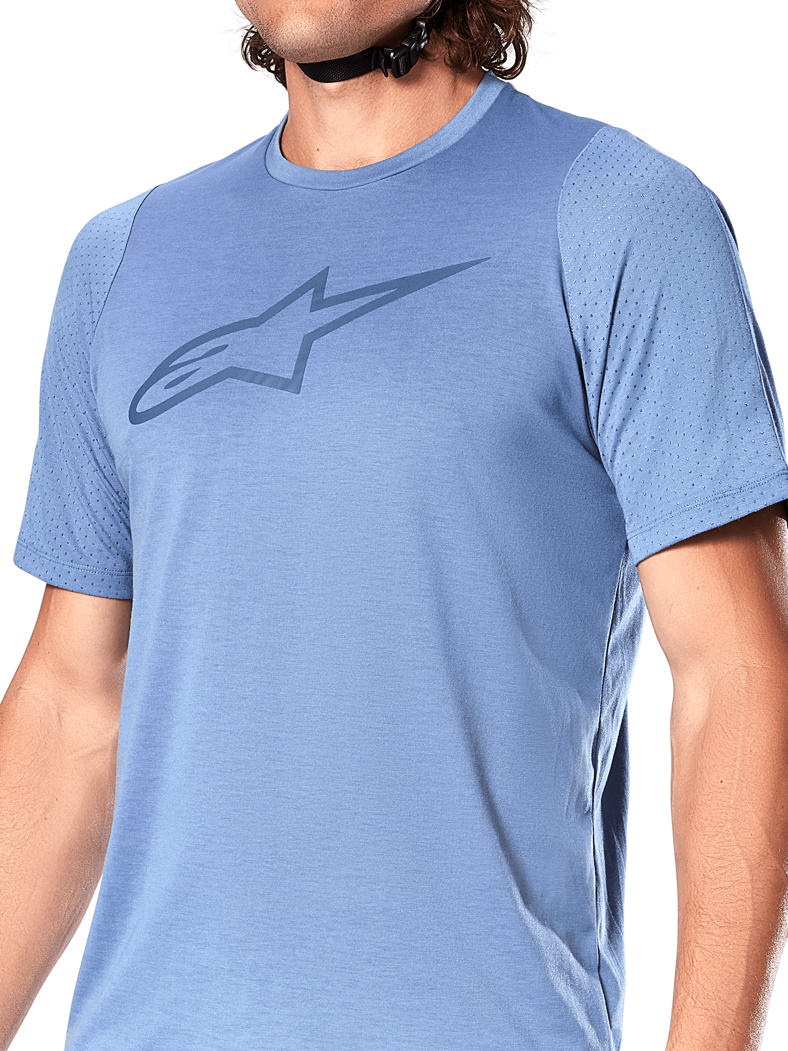 Maglia a maniche corte Alpinestars A-Dura Dri Astar, Infinity Blue, con logo Alpinestars Astar blu scuro sul petto, pannelli in mesh traspirante sulle maniche, abbigliamento tecnico da ciclismo MTB