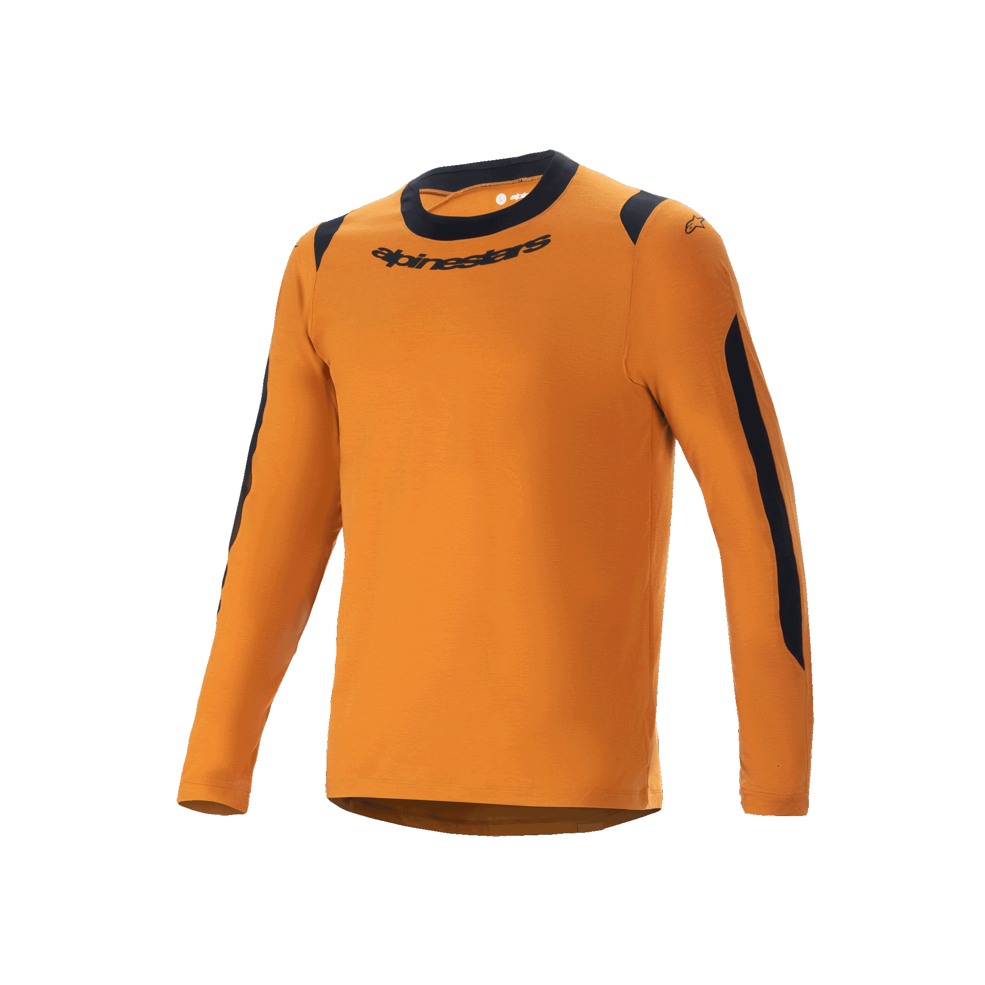 Alpinestars A-Dura Dri Wool Jersey - Manica Lunga, maglia da mountain bike, oro scuro, girocollo nero e pannelli in rete su spalle e braccia, scritta Alpinestars sul petto, misto lana tecnico per trail riding