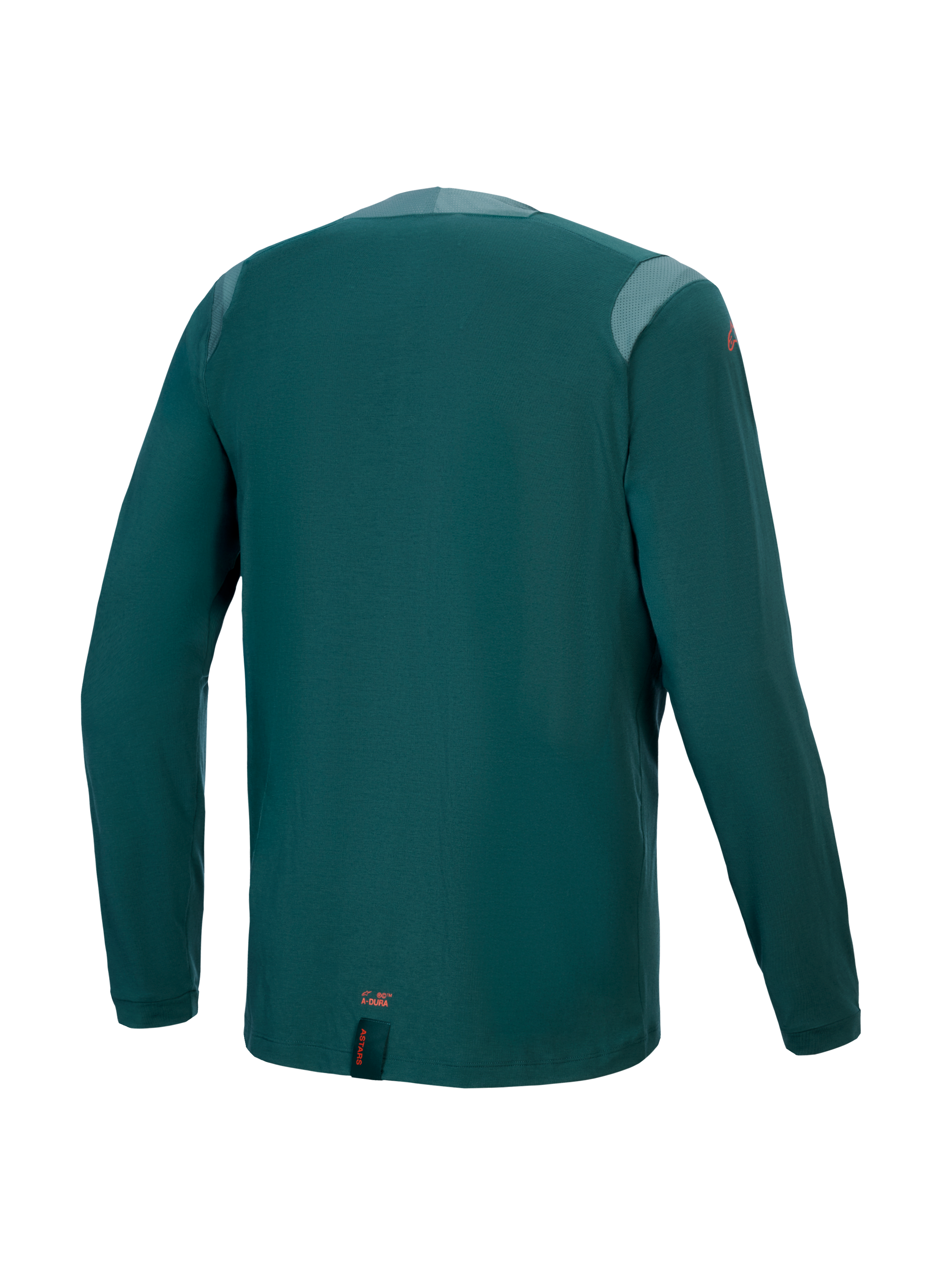 Alpinestars Maglia A-Dura Dri Wool - Maniche Lunghe, Dark Pine, vista posteriore con pannelli in mesh sulle spalle e sul colletto, tessuto tecnico in misto lana, coda allungata per maggiore copertura MTB, piccolo logo arancione sull'orlo inferiore