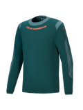 Alpinestars A-Dura Dri Wool Jersey a maniche lunghe, maglia tecnica da mountain bike, verde pino scuro con logo arancione sul petto, inserti in mesh grigio chiaro e girocollo