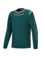 Alpinestars A-Dura Dri Wool Jersey a maniche lunghe, maglia tecnica da mountain bike, verde pino scuro con logo arancione sul petto, inserti in mesh grigio chiaro e girocollo