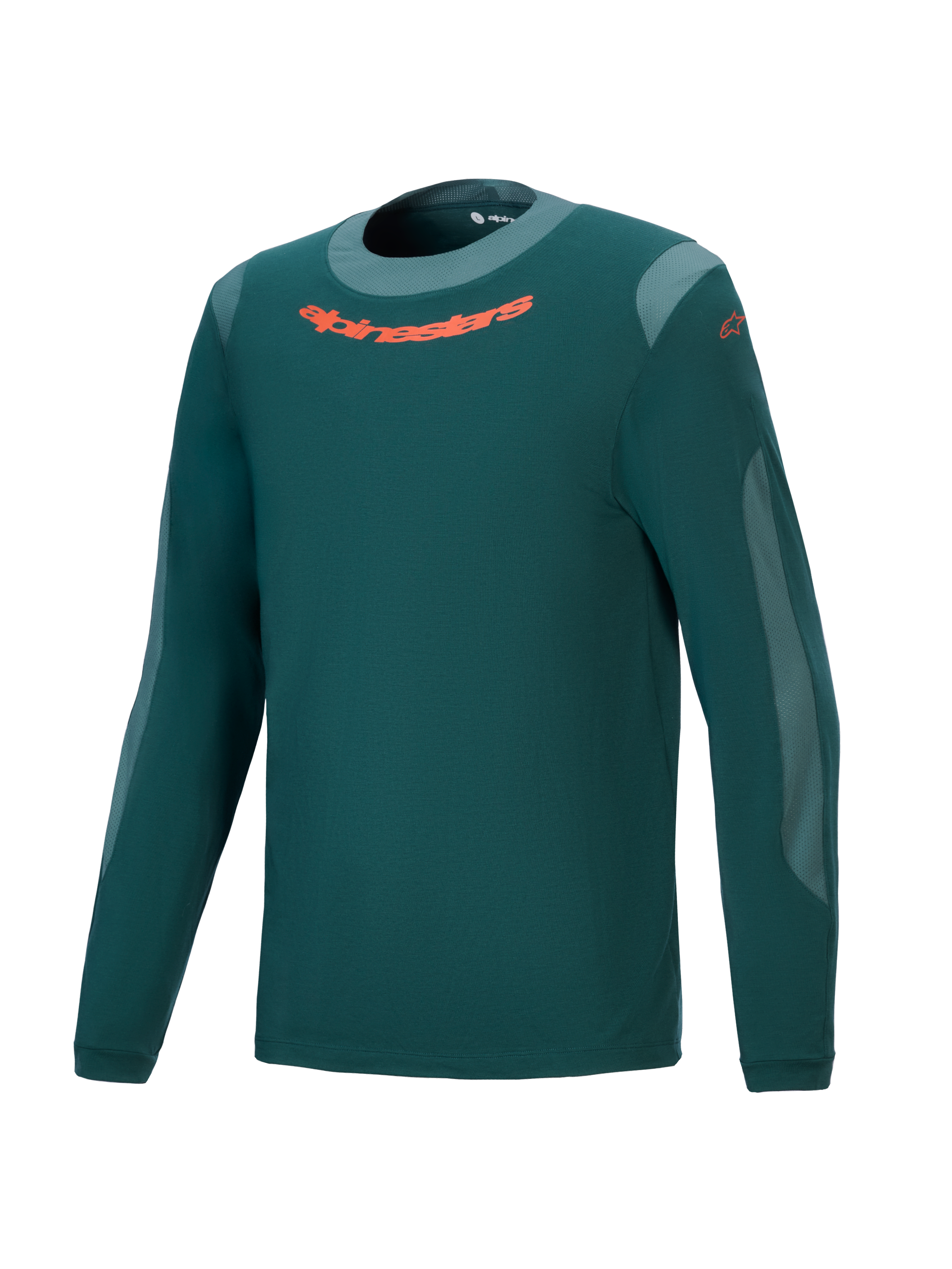 Alpinestars A-Dura Dri Wool Jersey a maniche lunghe, maglia tecnica da mountain bike, verde pino scuro con logo arancione sul petto, inserti in mesh grigio chiaro e girocollo