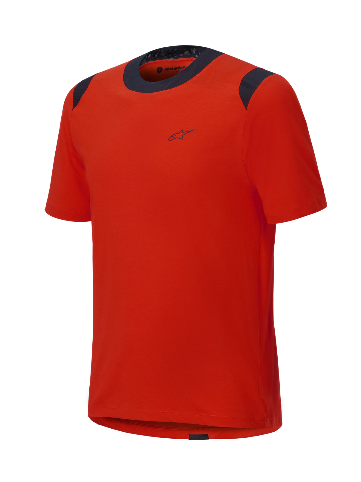Maglia a maniche corte Alpinestars A-Dura Dri Wool, arancione Spicy Orange con pannelli in rete neri su colletto e spalle, design minimalista con piccolo logo sul petto, abbigliamento tecnico da mountain bike