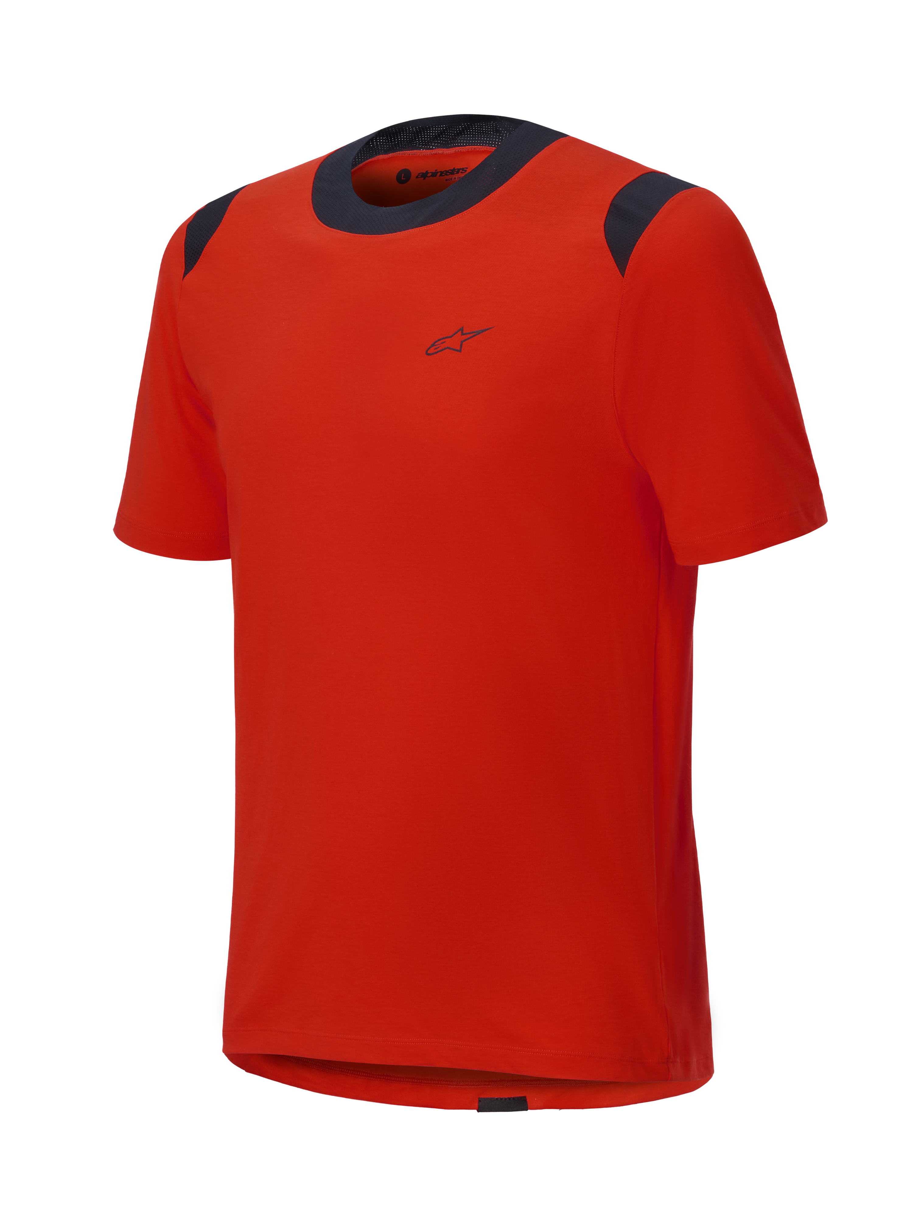 Maglia a maniche corte Alpinestars A-Dura Dri Wool, arancione Spicy Orange con pannelli in rete neri su colletto e spalle, design minimalista con piccolo logo sul petto, abbigliamento tecnico da mountain bike