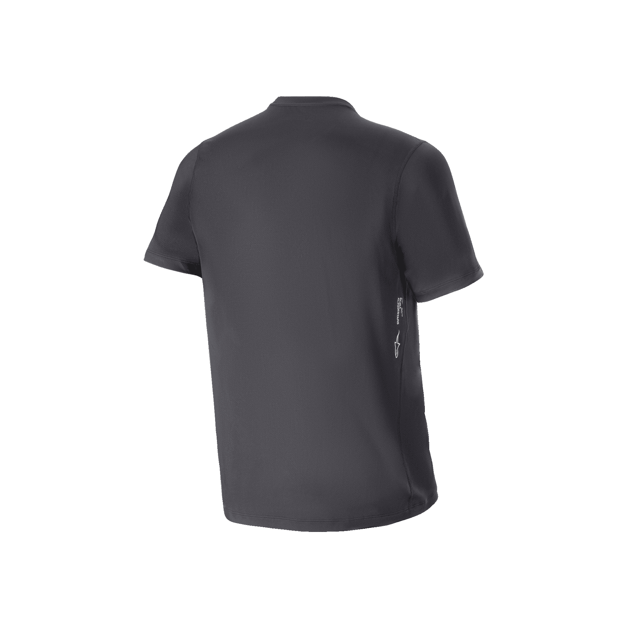 Maglia a maniche corte Alpinestars A-Dura Oscar, maglia da ciclismo MTB, nero, vista posteriore con piccolo marchio bianco verticale sul lato inferiore, vestibilità regolare, abbigliamento tecnico performante per il fuoristrada