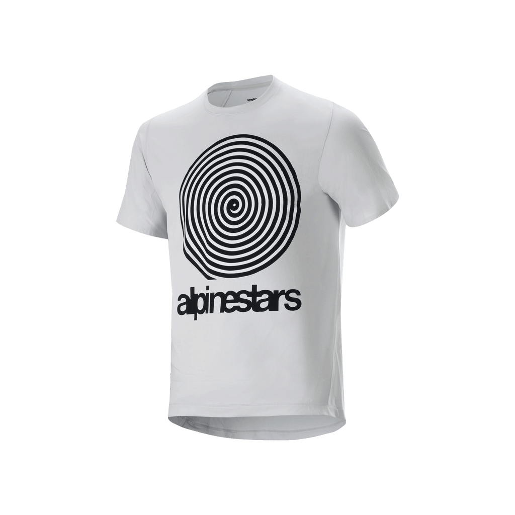 Maglia a maniche corte Alpinestars A-Dura Oscar, bianco, con grande grafica a spirale Oscar vintage nera e logo Alpinestars sul davanti, materiale tecnico jacquard per trail riding in mountain bike