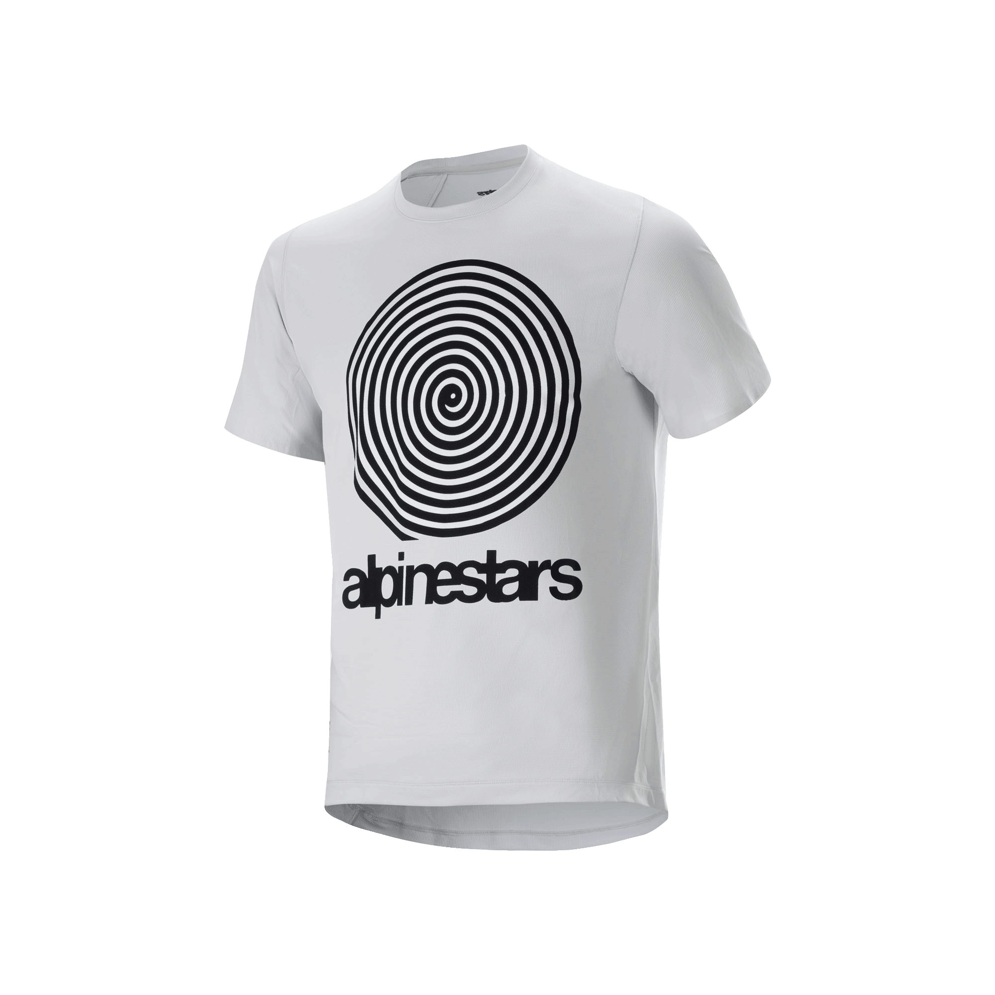 Maglia a maniche corte Alpinestars A-Dura Oscar, bianco, con grande grafica a spirale Oscar vintage nera e logo Alpinestars sul davanti, materiale tecnico jacquard per trail riding in mountain bike
