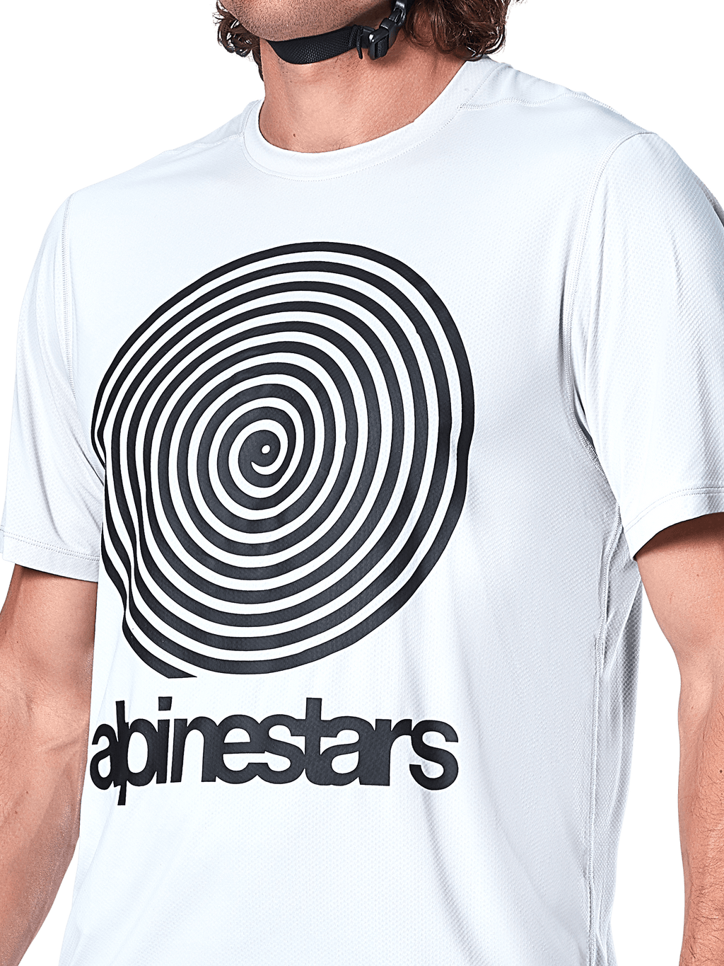 Alpinestars A-Dura Oscar Jersey, maglia MTB a maniche corte, White Dove, grande grafica a spirale Oscar nera sul petto, marchio Alpinestars stampato, trama in maglia jacquard, abbigliamento tecnico da ciclismo