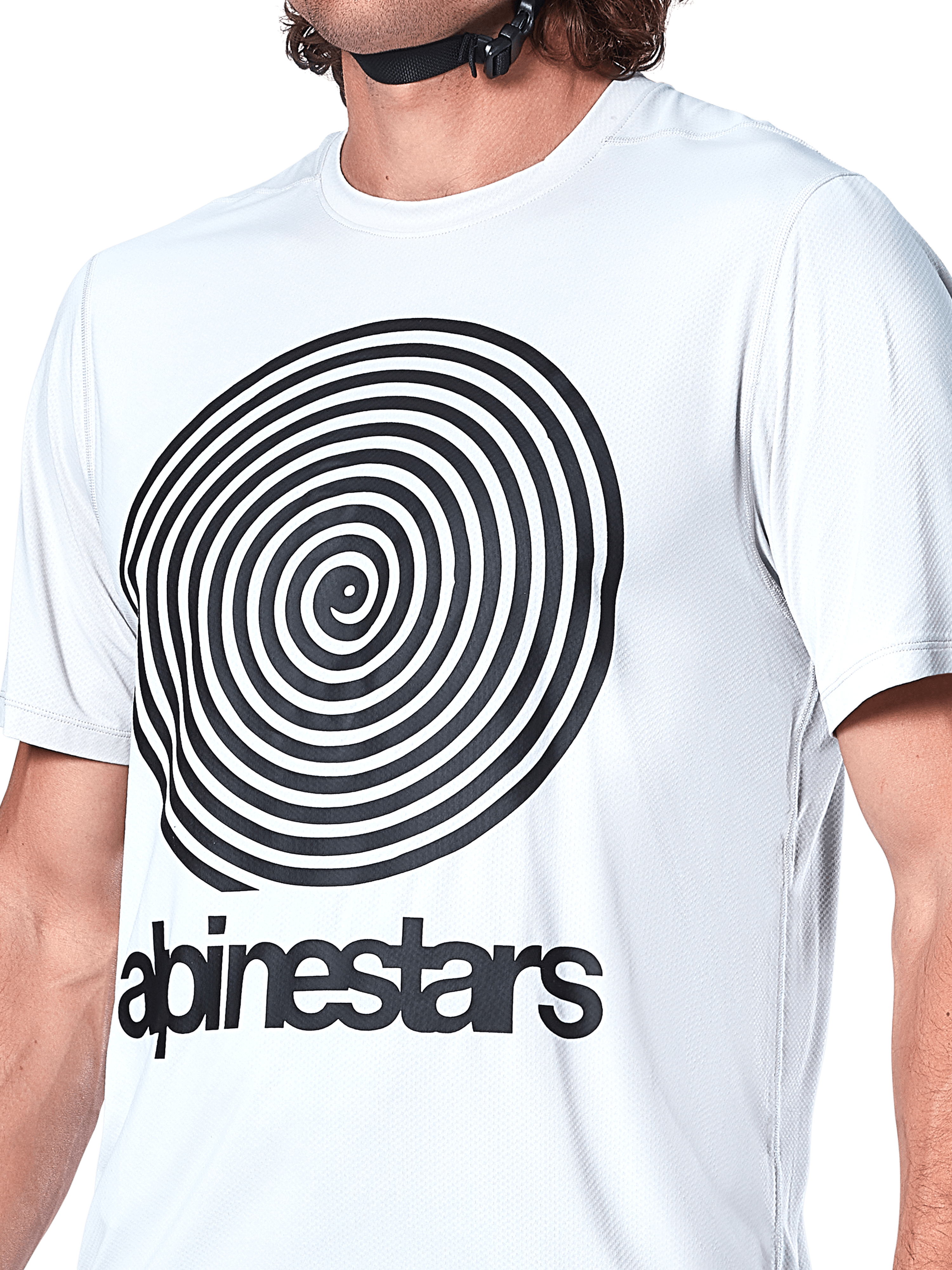 Alpinestars A-Dura Oscar Jersey, maglia MTB a maniche corte, White Dove, grande grafica a spirale Oscar nera sul petto, marchio Alpinestars stampato, trama in maglia jacquard, abbigliamento tecnico da ciclismo