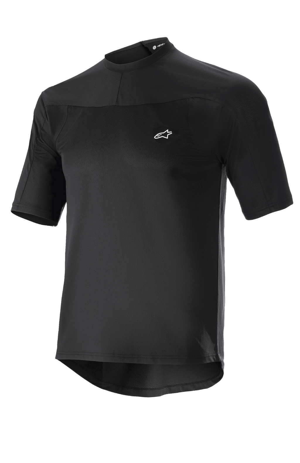 Alpinestars Drop Meta Jersey, maglia da ciclismo MTB a maniche corte, nero, tessuto a rete leggero, piccolo logo bianco sul petto, colletto rotondo, parte posteriore allungata per una maggiore copertura