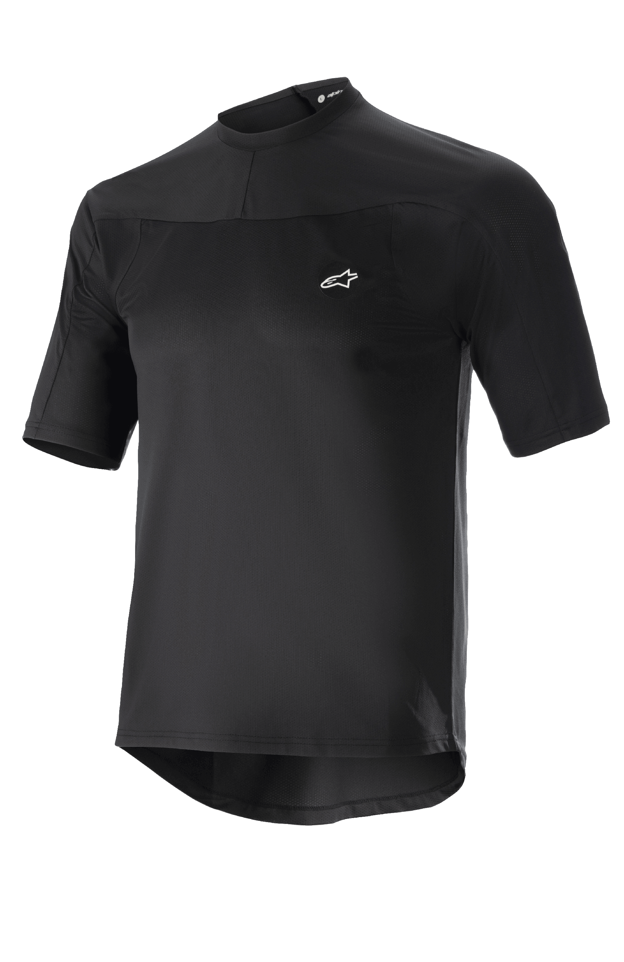 Alpinestars Drop Meta Jersey, maglia da ciclismo MTB a maniche corte, nero, tessuto a rete leggero, piccolo logo bianco sul petto, colletto rotondo, parte posteriore allungata per una maggiore copertura