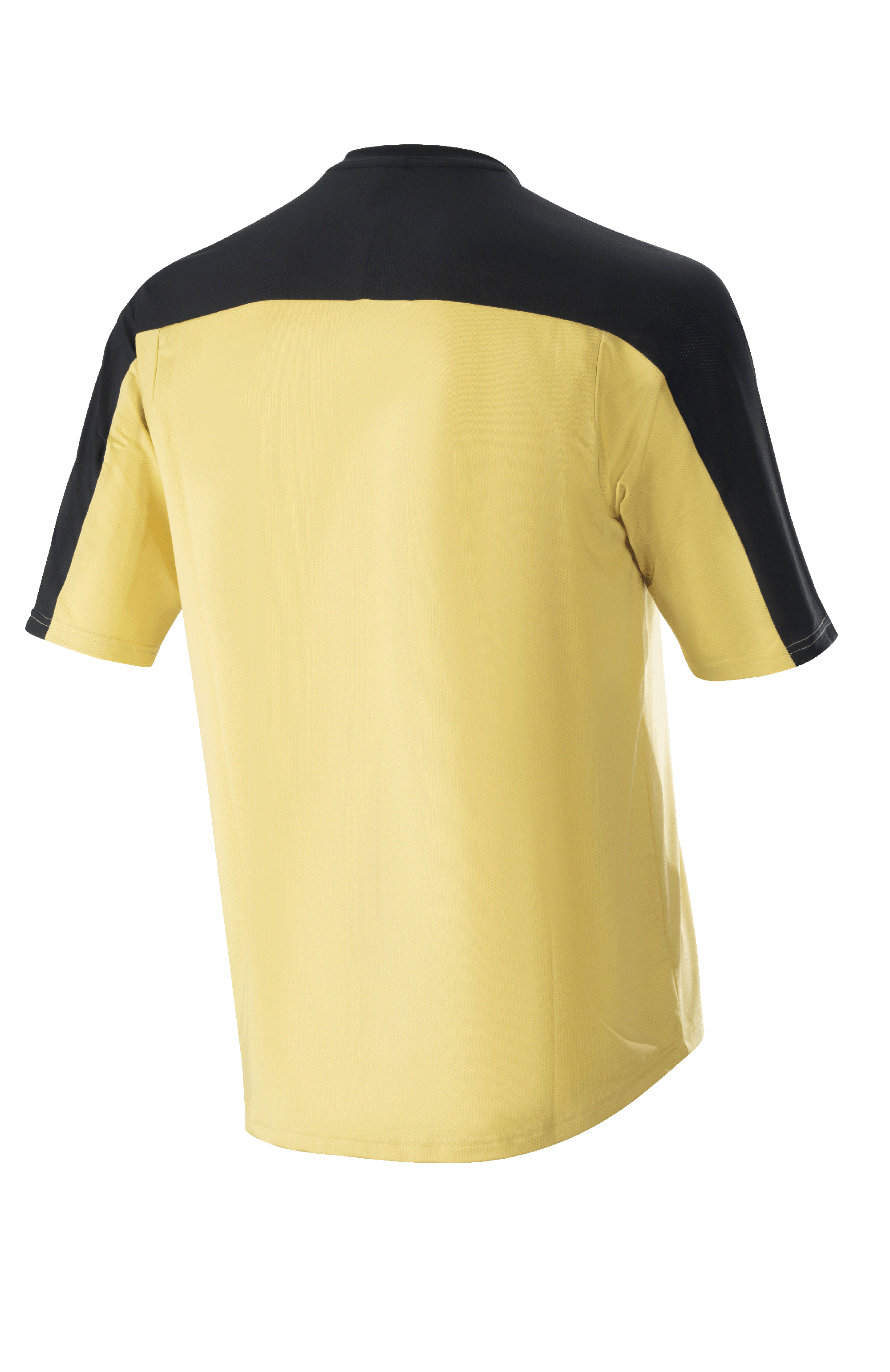 Alpinestars Drop Meta Jersey - Maniche corte, maglia da mountain bike, oro con sprone sulle spalle e pannelli sulle maniche neri, vista posteriore, coda allungata per maggiore copertura, materiale in rete leggera.