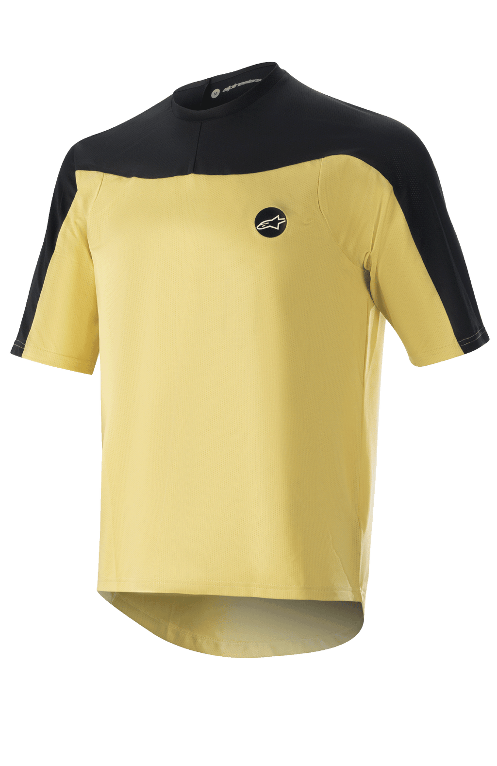 Alpinestars Drop Meta Jersey - manica corta, maglia da ciclismo MTB, oro e nero, costruzione in rete con spalle a contrasto, logo circolare sul petto e bordo posteriore allungato.