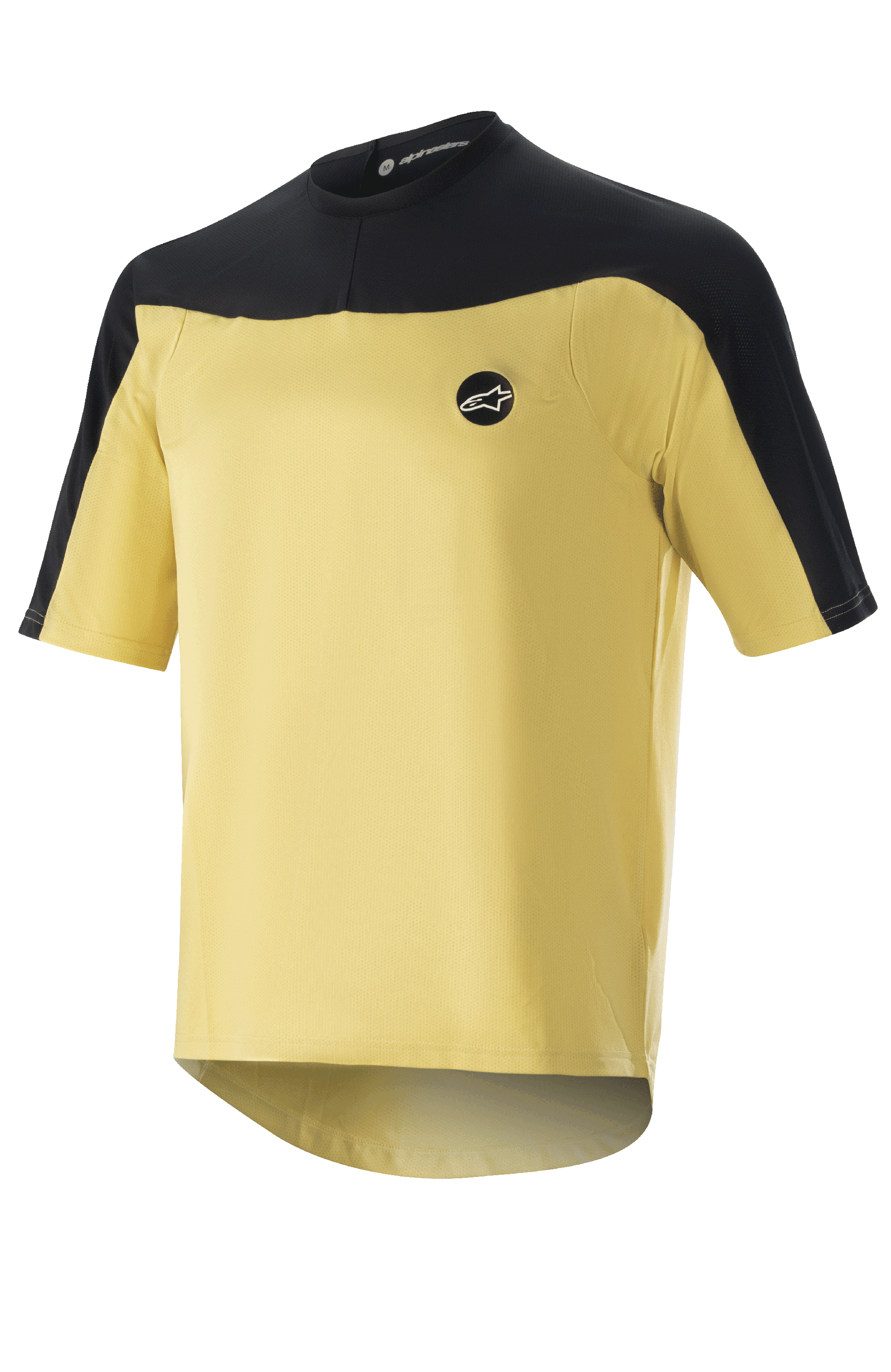 Alpinestars Drop Meta Jersey - manica corta, maglia da ciclismo MTB, oro e nero, costruzione in rete con spalle a contrasto, logo circolare sul petto e bordo posteriore allungato.