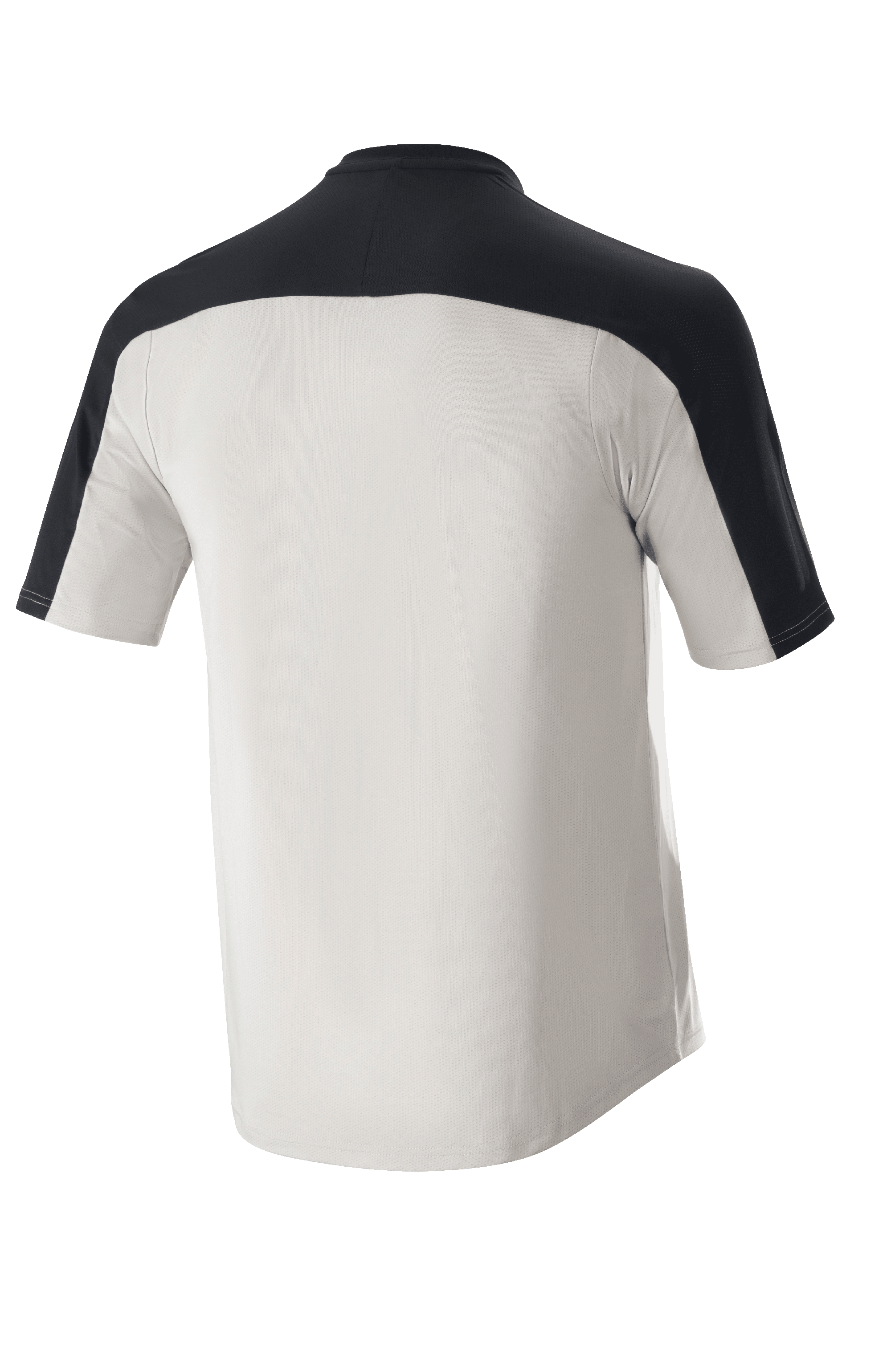 Alpinestars Drop Meta Jersey - Maniche Corte, maglia MTB, grigio chiaro e nero, vista posteriore con carré nero sulle spalle e coda allungata, costruzione in rete traspirante per il ciclismo fuoristrada