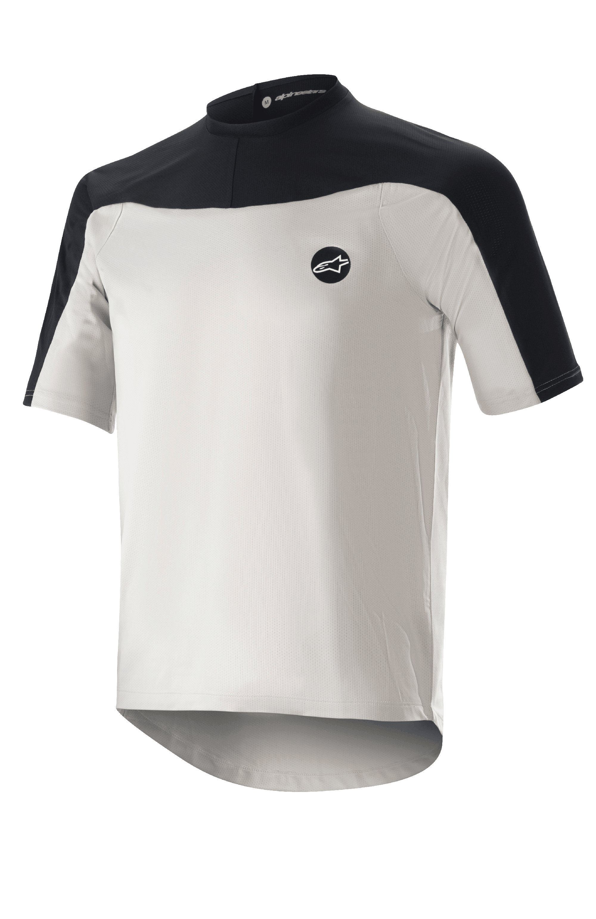 Alpinestars Drop Meta Jersey a maniche corte, maglia da mountain bike, grigio chiaro e nero, con struttura in rete traspirante, inserto nero sulle spalle, girocollo e parte posteriore allungata per una maggiore copertura.