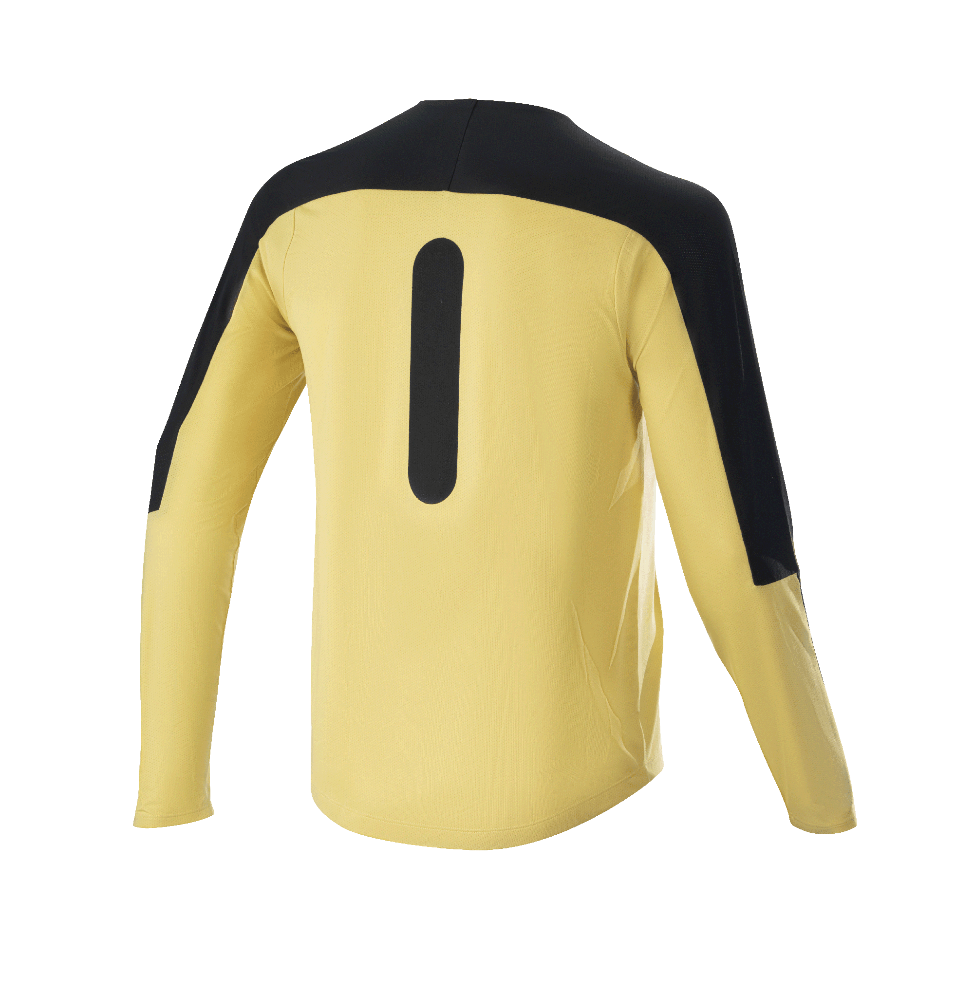 Alpinestars Drop Meta Jersey - Maniche Lunghe, maglia da mountain bike, oro e nero, vista posteriore che mostra i pannelli neri sulle spalle e la grafica verticale, tessuto in rete leggera con coda estesa per trail riding MTB