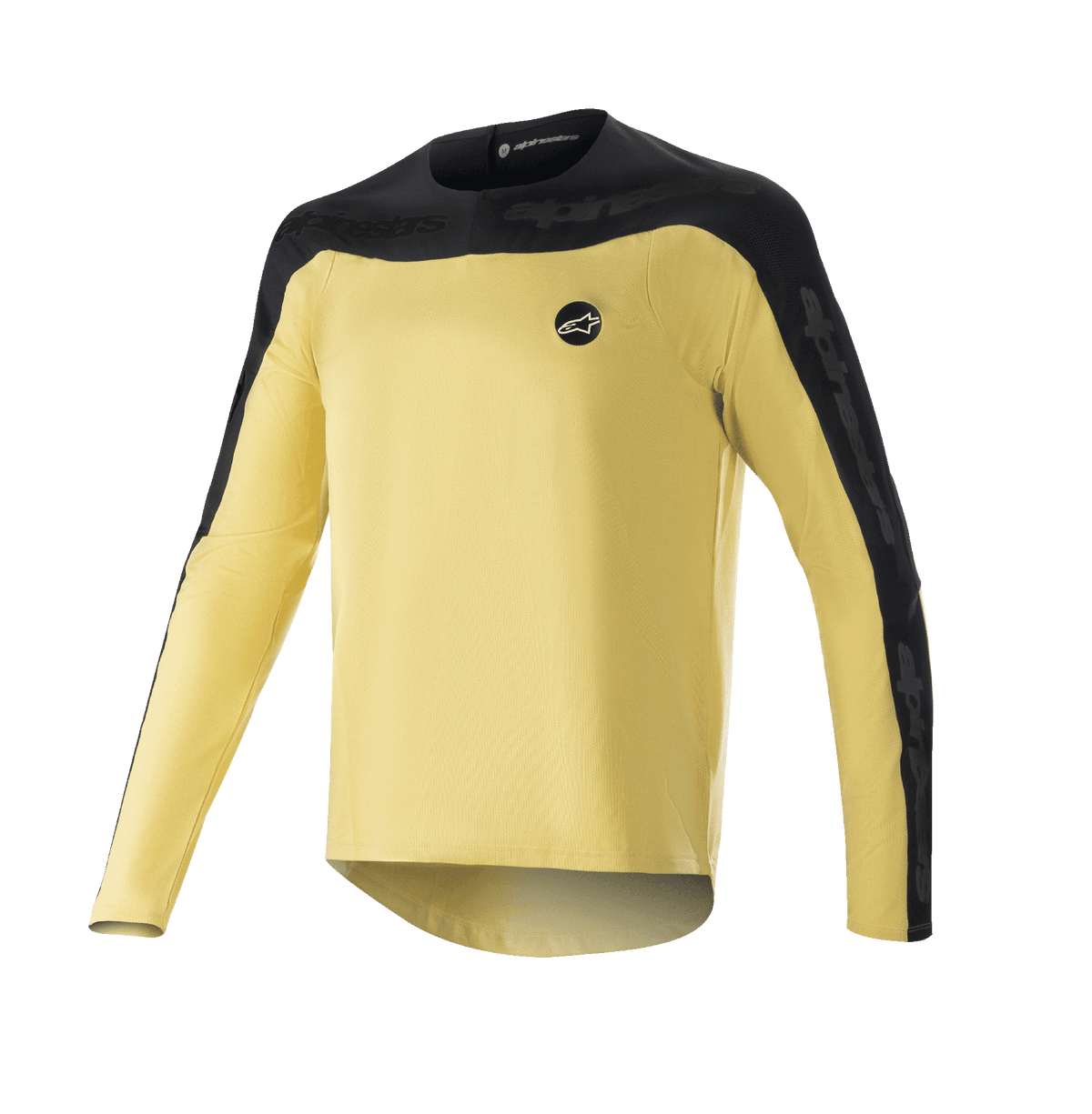 Alpinestars Drop Meta Long Sleeve Jersey, maglia da MTB mountain bike, oro e nero, carré sulle spalle e pannelli esterni delle maniche neri, piccolo logo circolare sul petto, tessuto in rete leggero e traspirante, orlo posteriore allungato