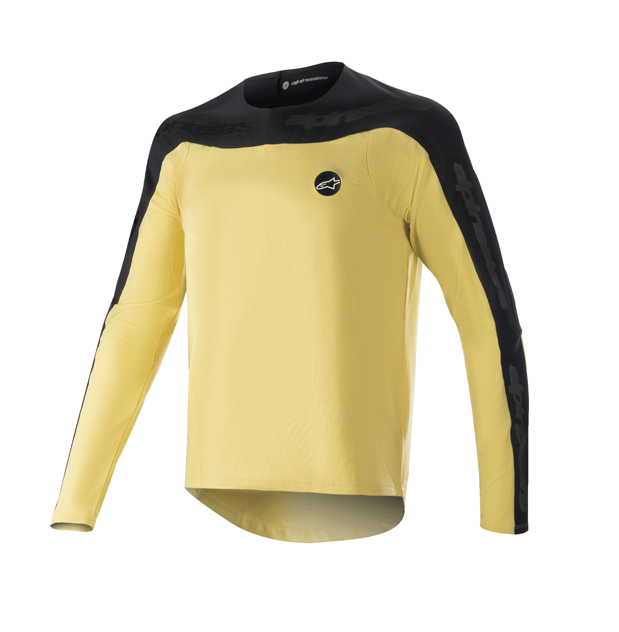 Alpinestars Drop Meta Long Sleeve Jersey, maglia da MTB mountain bike, oro e nero, carré sulle spalle e pannelli esterni delle maniche neri, piccolo logo circolare sul petto, tessuto in rete leggero e traspirante, orlo posteriore allungato