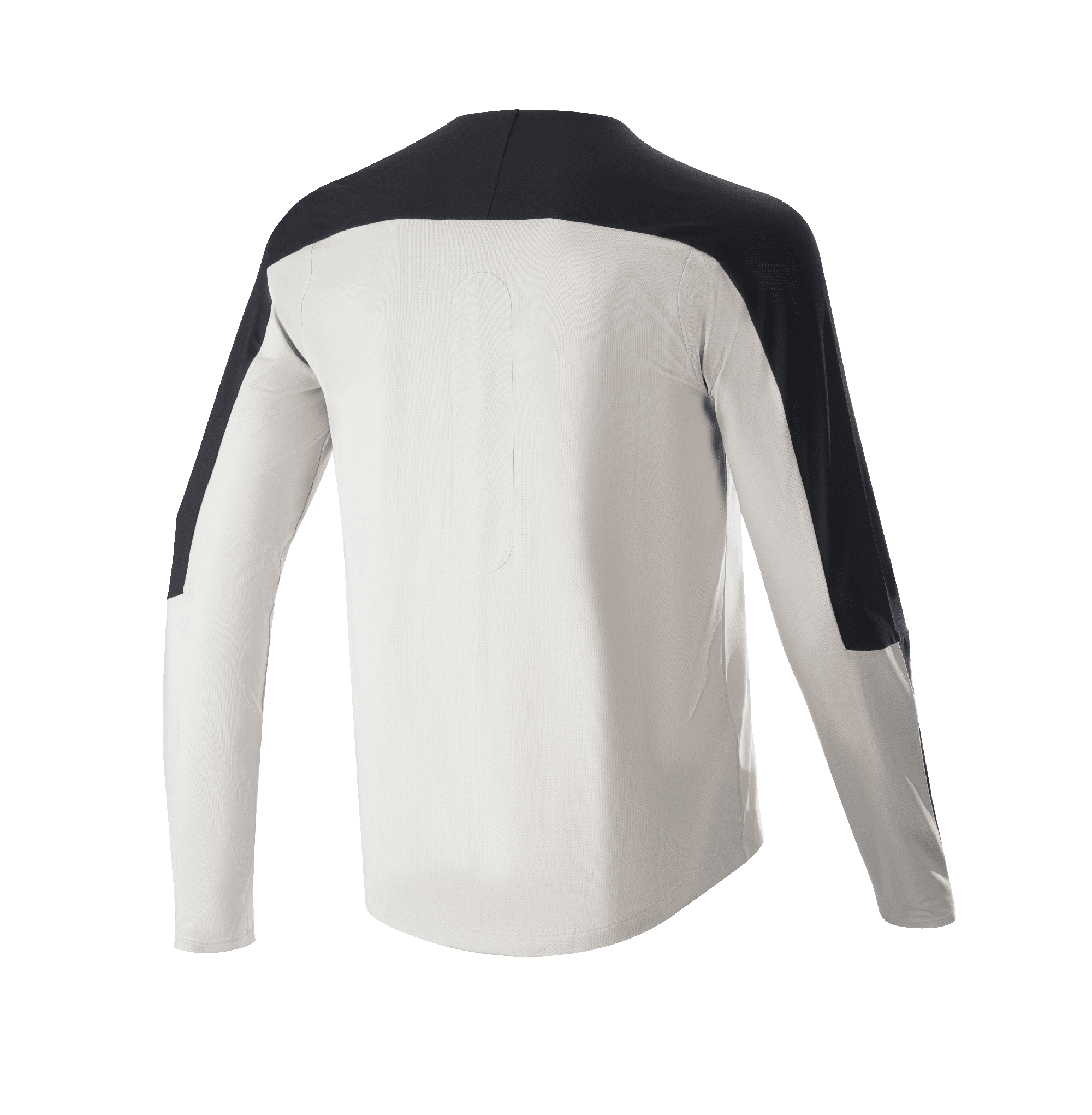 Maglia Alpinestars Drop Meta - Maniche Lunghe, maglia da MTB, grigio chiaro con accenti neri su spalle e maniche, vista posteriore con coda allungata, tessuto in rete traspirante per ciclismo fuoristrada