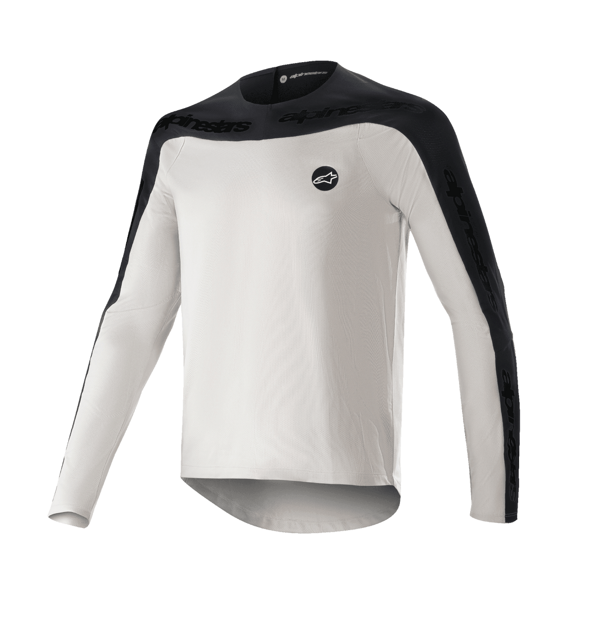 Alpinestars Drop Meta Jersey a manica lunga, maglia da mountain bike MTB, grigio chiaro e nero, con sprone sulle spalle e pannelli esterni delle maniche neri con marchio testuale, orlo posteriore allungato per una maggiore copertura e logo circolare sul petto a sinistra
