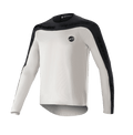 Alpinestars Drop Meta Jersey a manica lunga, maglia da mountain bike MTB, grigio chiaro e nero, con sprone sulle spalle e pannelli esterni delle maniche neri con marchio testuale, orlo posteriore allungato per una maggiore copertura e logo circolare sul petto a sinistra
