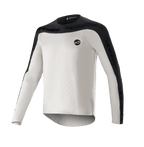 Alpinestars Drop Meta Jersey a manica lunga, maglia da mountain bike MTB, grigio chiaro e nero, con sprone sulle spalle e pannelli esterni delle maniche neri con marchio testuale, orlo posteriore allungato per una maggiore copertura e logo circolare sul petto a sinistra