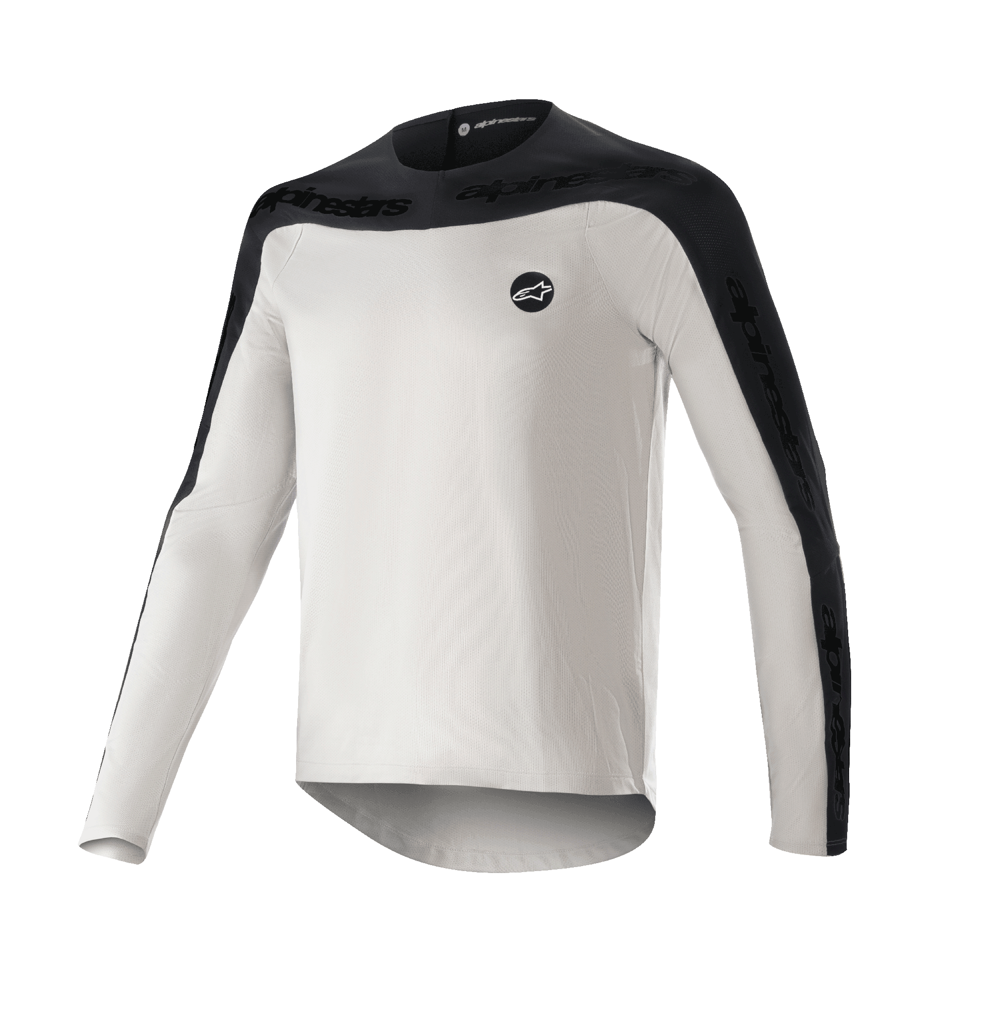 Alpinestars Drop Meta Jersey a manica lunga, maglia da mountain bike MTB, grigio chiaro e nero, con sprone sulle spalle e pannelli esterni delle maniche neri con marchio testuale, orlo posteriore allungato per una maggiore copertura e logo circolare sul petto a sinistra