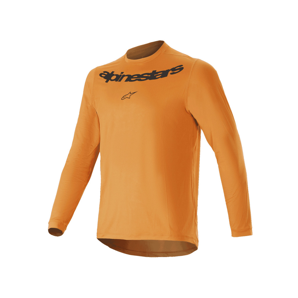 Alpinestars A-Dura Rocker Long Sleeve Jersey, maglia da mountain bike, oro scuro, con scritta Alpinestars nera stampata sul petto, tessuto jacquard leggero con coda allungata, abbigliamento tecnico da ciclismo