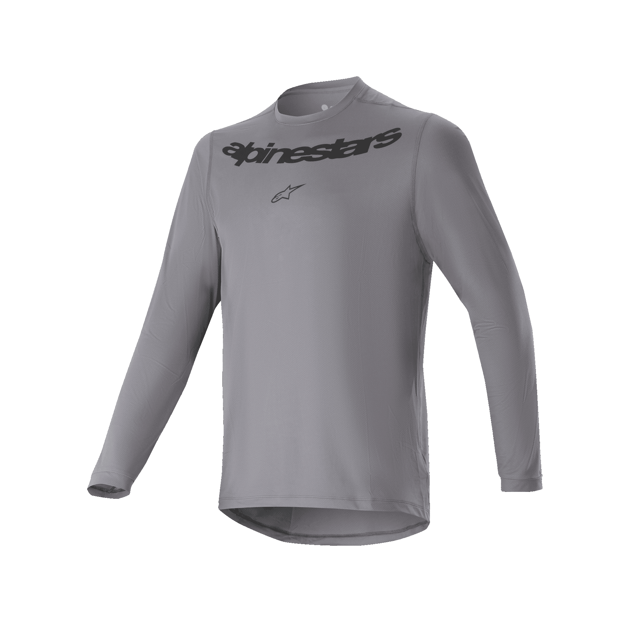 Alpinestars Maglia A-Dura Rocker a maniche lunghe, maglia da ciclismo MTB, grigio scuro, con scritta Alpinestars e logo a stella neri sul petto, coda posteriore più lunga, abbigliamento tecnico per mountain bike