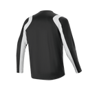 Alpinestars Maglia A-Supra Oscar a maniche lunghe, nero, vista posteriore, con pannelli bianchi curvi su spalle e maniche, abbigliamento da ciclismo MTB leggero e traspirante